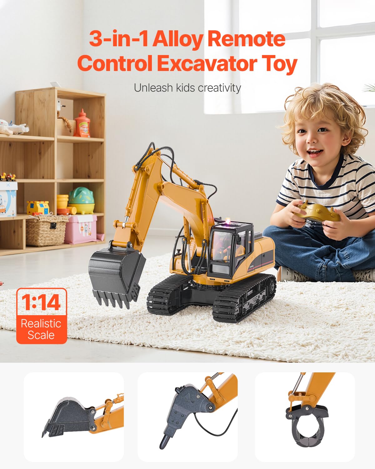 VEVOR Pelleteuse Télécommandée 15 Canaux Excavatrice RC Enfants 3 en 1 Échelle 1:14 Pelle Métallique, Lumière Son, Batteries Rechargeables, Jouet Véhicule Construction, pour Enfant Cadeau Anniversaire