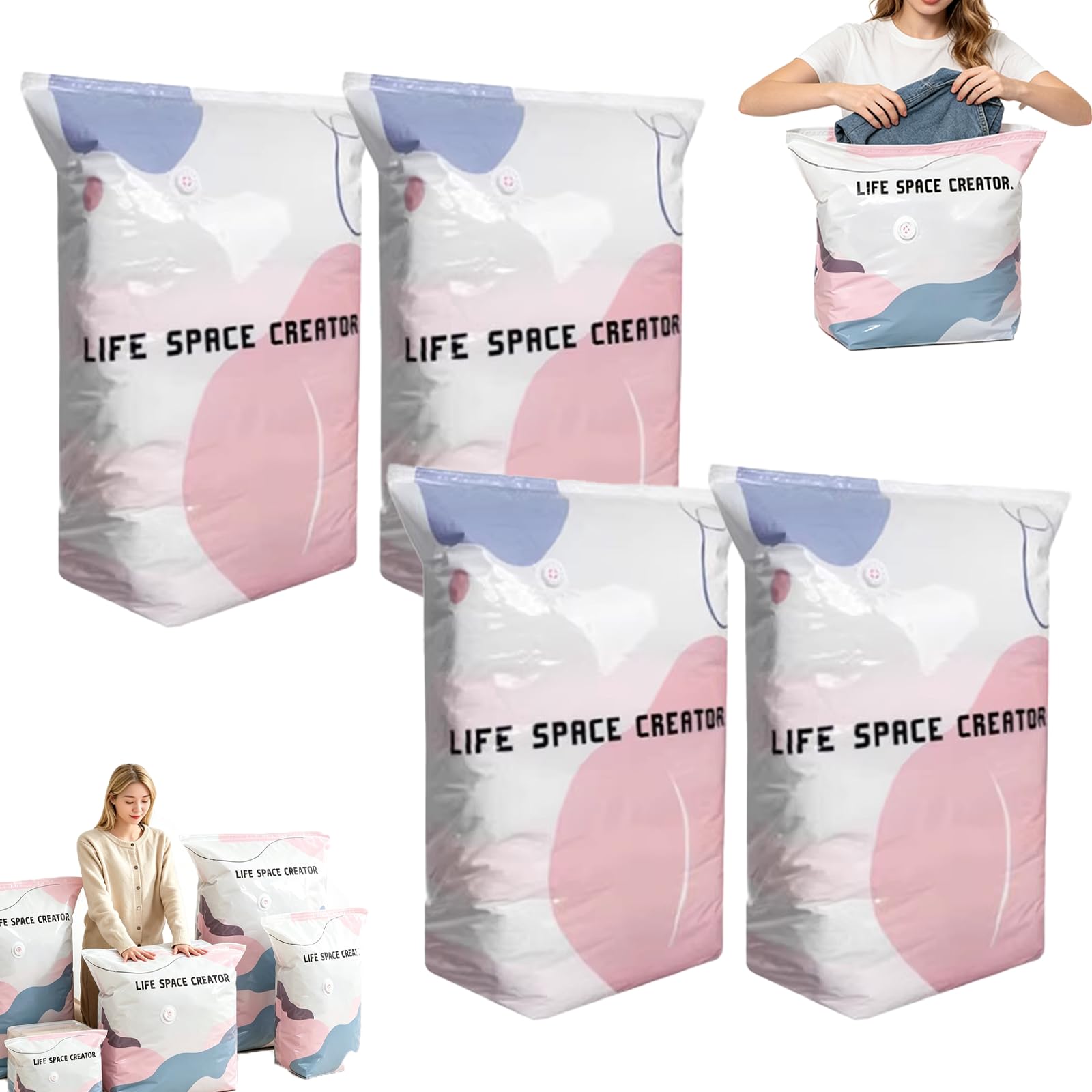 No‑Pump Vacuum Storage Bags – Press & Seal, Extra Large Vacuum Storage Bags, Roll-Up Compression, Space Saver Dust-Proof Vacuum Seal Bag, Reusable Vacuum Pack Bags For Clothes Duvet Travel (L-4pcs)