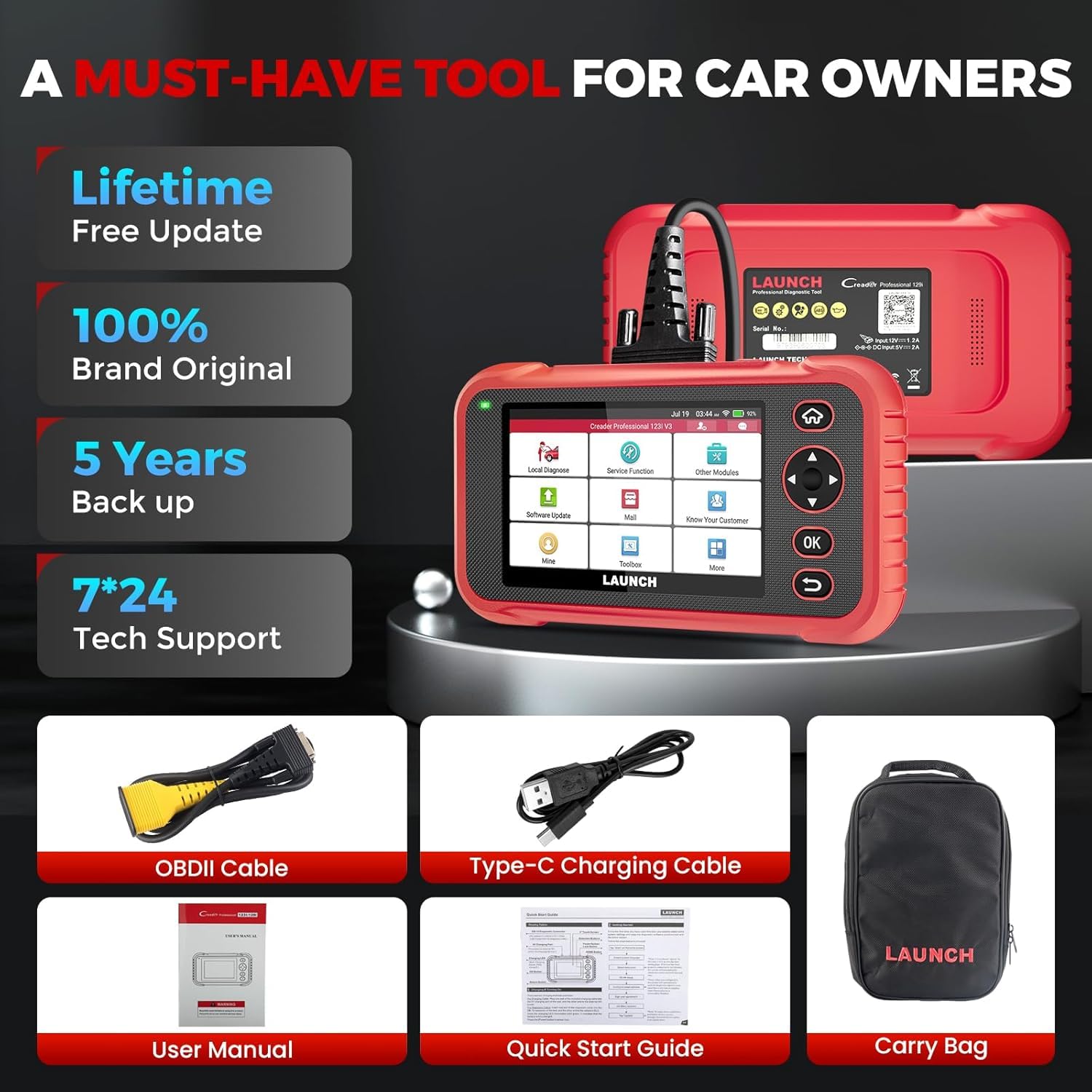LAUNCH Skaner OBD2 CRP123E V2.0 Narzędzie diagnostyczne samochodu Silnik ABS SRS Transmisja skaner OBD z 7 resetami oleju serwisowego/EPB/SAS/BMS/przepustnica/resetowania akumulatora, narzędzie do