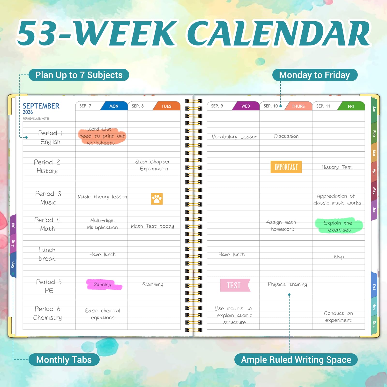 Agenda per insegnanti 2026-2027, anno accademico, luglio 2026 - giugno 2027, 21,6 x 27,9 cm, agenda per insegnanti, con linguette mensili colorate, copertina rigida, albero