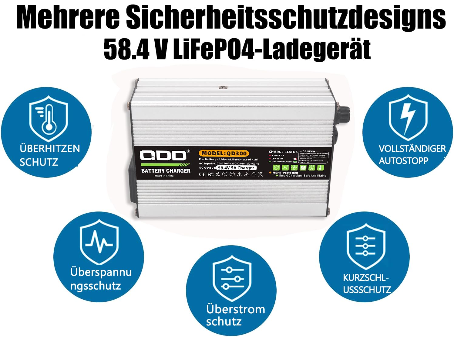 QDD Caricabatterie 58,4 V 5 A 58,4 V LiFePO4 Caricabatterie DC C13 N+ Connettore L per batteria LiFePO4 16S 48 V LiFePO4