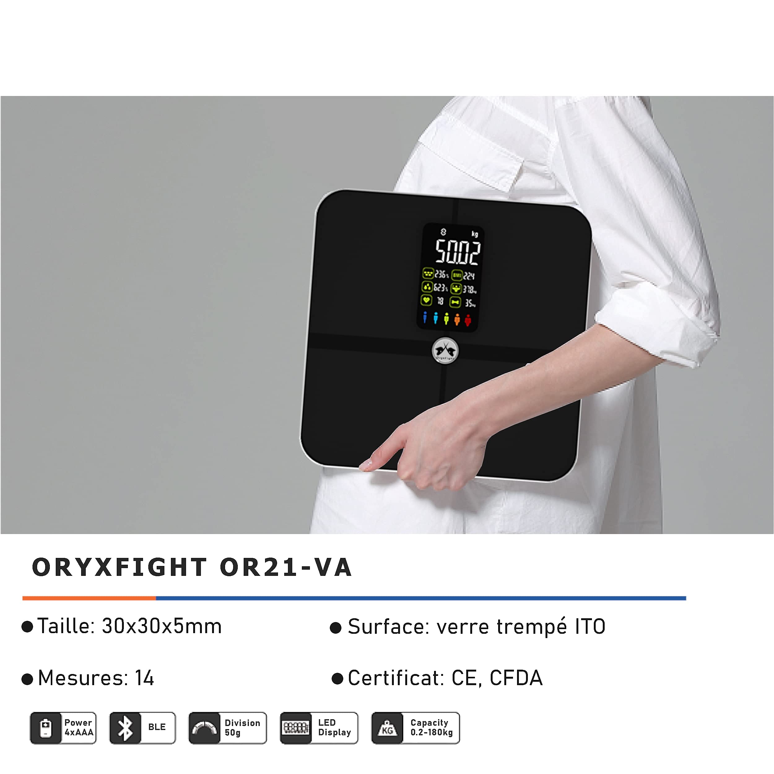 Bilancia connessa, pesa persona impedenzimetro con un grande display LCD integrato, connessione bluetooth, analisi del peso grazie a 15 dati, BMI, battito cardiaco, grasso corporeo, ... batterie