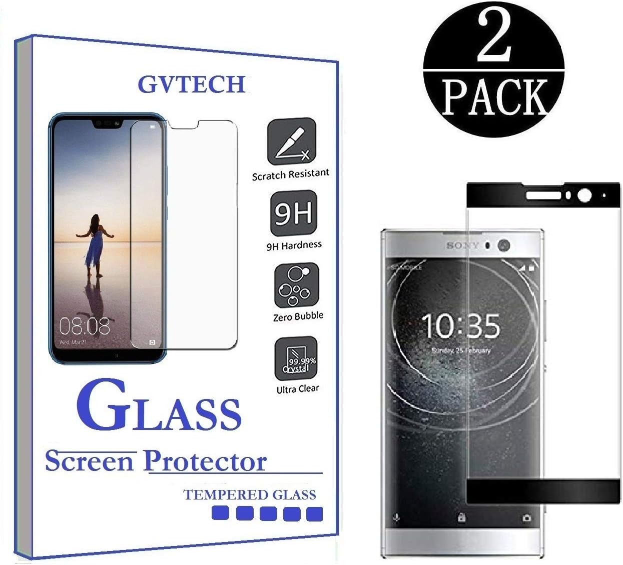 GVTECH for Sony Xperia XA2 Screen Protector, Full Coverage Tempered Glass Screen Protector [3D Round Edge][9H Hardness][Crystal Clear][Scratch Resist] for Sony Xperia XA2(1 Pack)