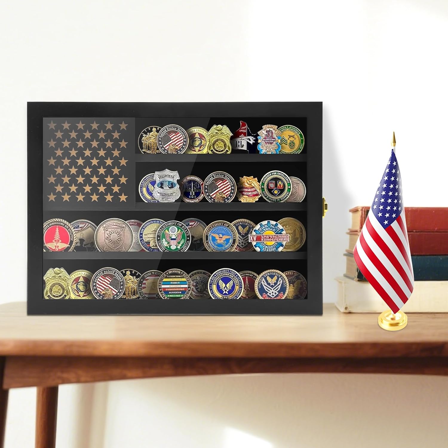 Military Challenge Coin Display Case, Lockable Solid Pine Wood Coin Holder Cabinet with Star Board & Clear Acrylic Door, Wall Mounted Military Coin Display Frame for Army Navy Veteran Coins (Black)