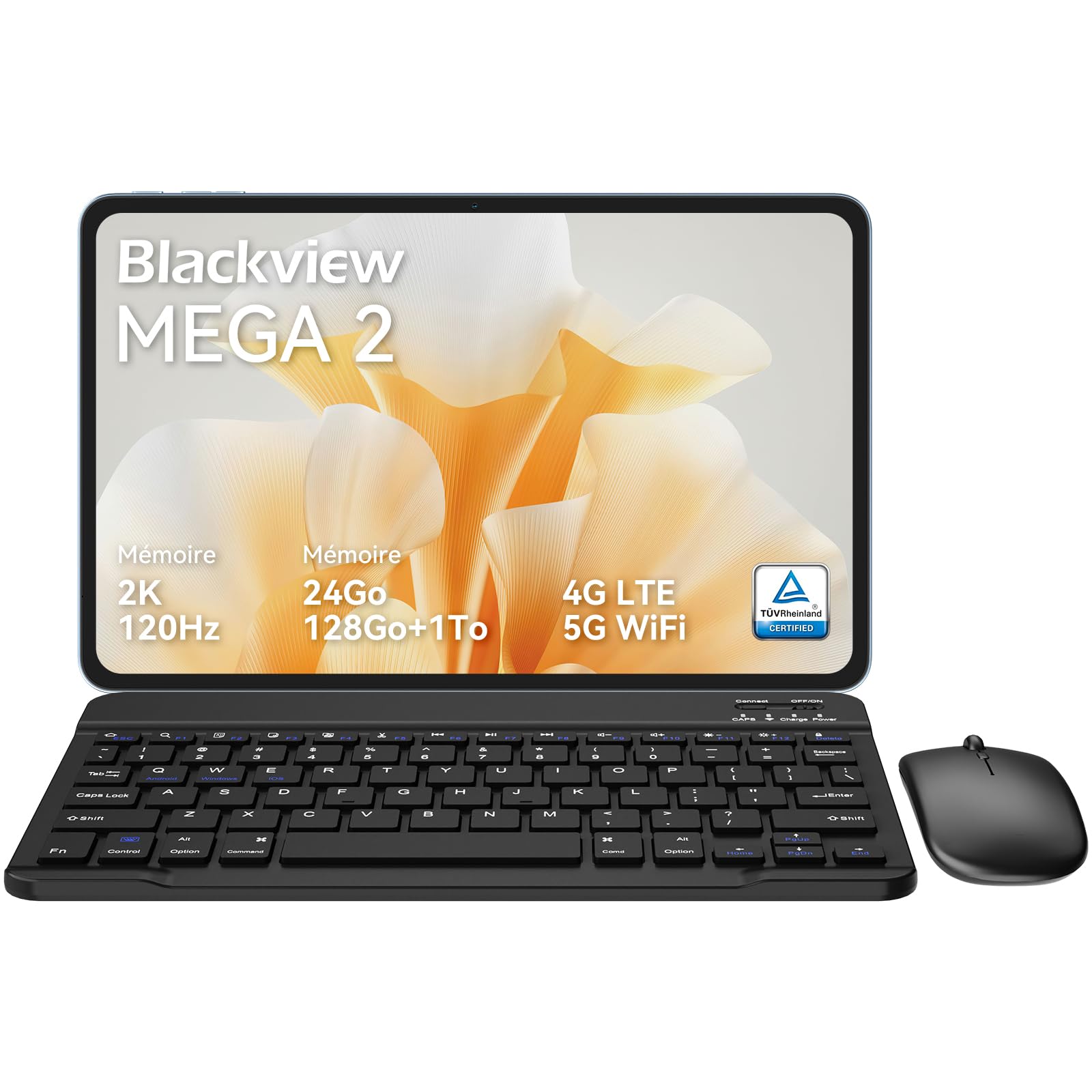 Blackview Mega2 12-calowy tablet z systemem Android 15 tabletów, 24 GB RAM + 128 GB ROM, tablet do gier 120 Hz 2K FHD z klawiaturą, myszą, rysikiem, słuchawkami, 4G LTE+5G, WiFi, 9000 mAh, WideVine L1