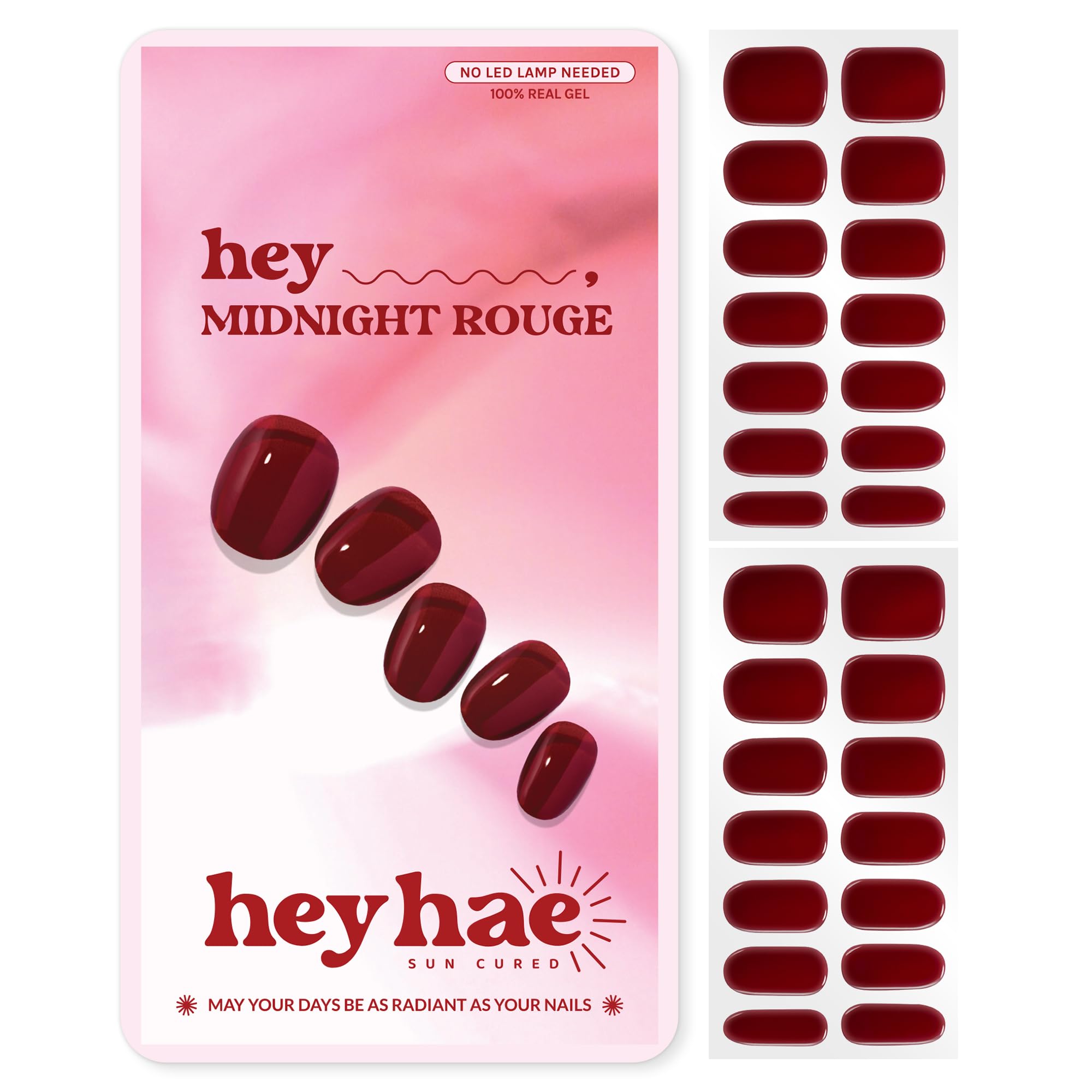 Heyhae Semi Cured Gel Nail Strips | No LED Lamp Needed |Burgundy, Jelly | Easy Apply & Remove, Salon Quality | Includes 28 Strips, 2 Prep Pads, Nail File & Wooden Stick - Hey, Midnight Rouge