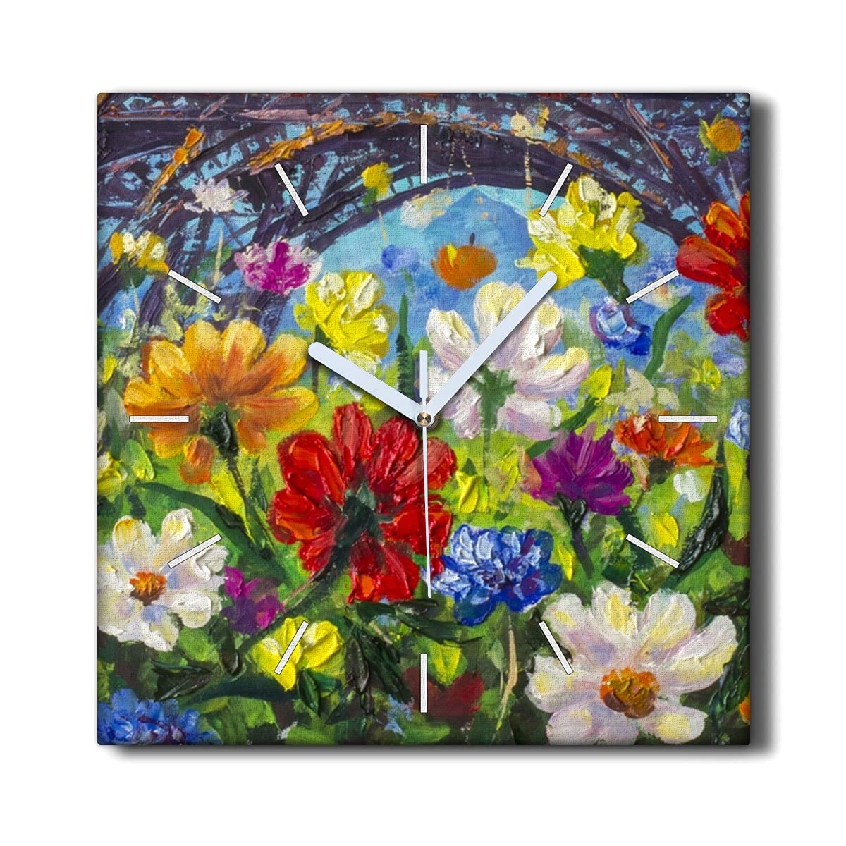 Décoration Murale Toile Le Salon horloge carrée peinture fleurs 30cm