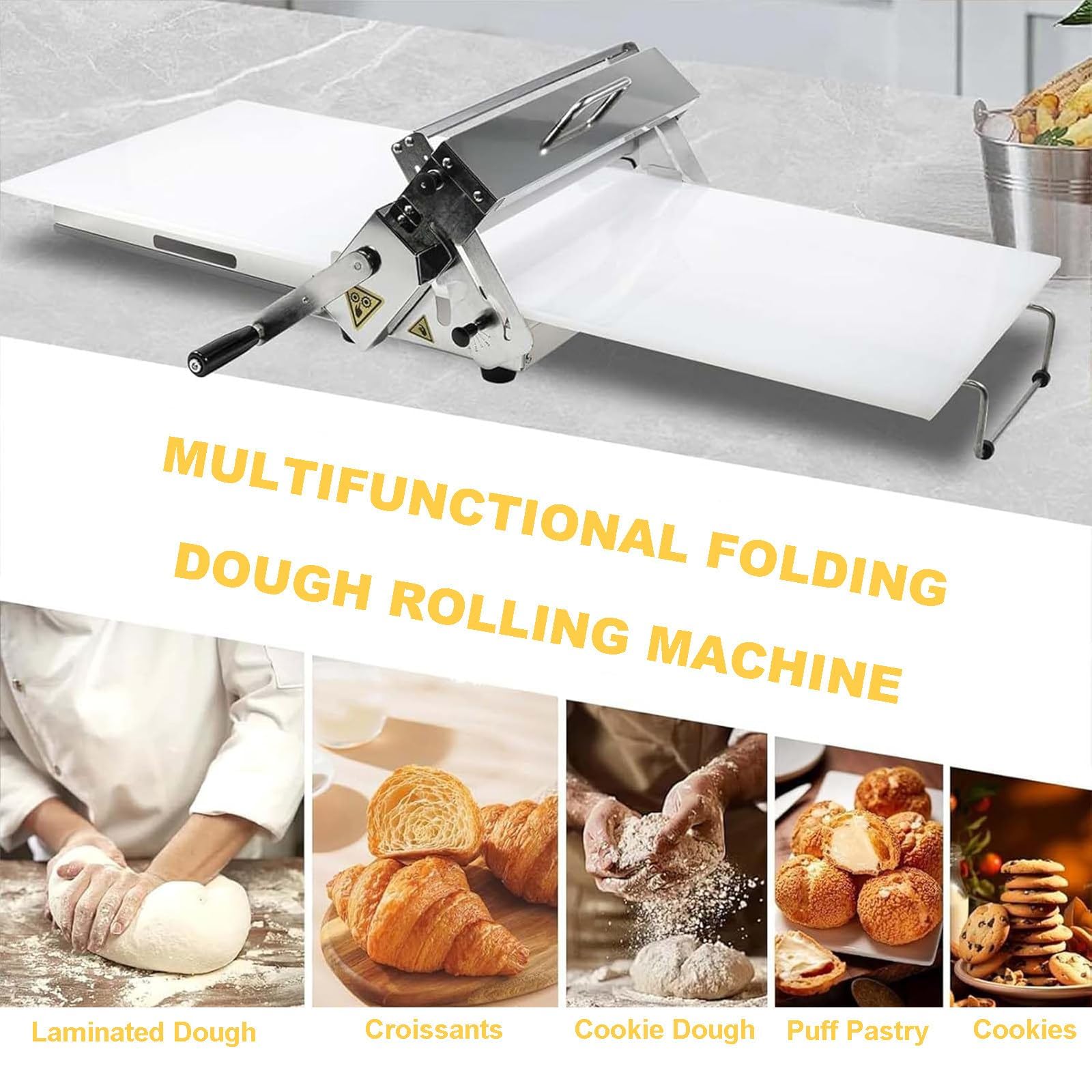 Sfogliatrice manuale in acciaio inox con spessore regolabile, ideale per croissant, pasticceria e preparazione della pasta