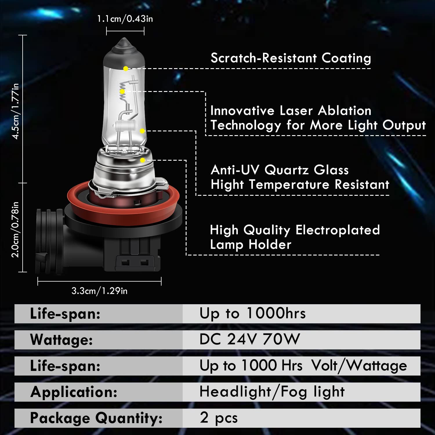 Lampadine Alogene H11 24V 70W Fendinebbia DRL, Fari Anteriori Abbaglianti/Anabbaglianti a Luce Gialla Originale 3000K per la Sostituzione dei Veicoli Commerciali di Autocarri/Camion, 2 Pezzi
