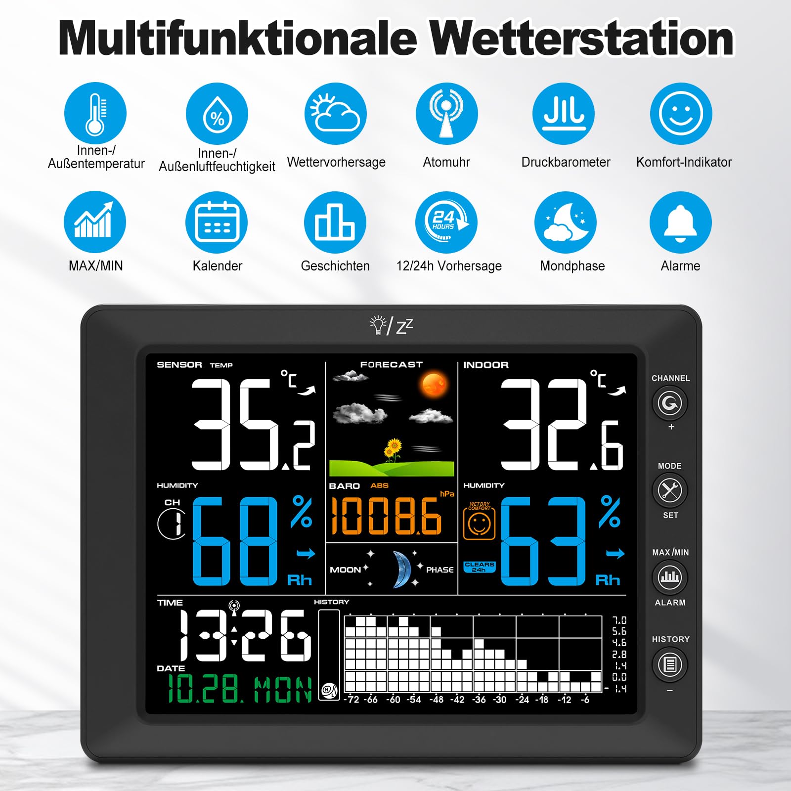Urageuxy Wetterstation Funk mit Außensensor, 8,5" Farbdisplay, DCF-Funkuhr, Innen- & Außentemperatur, Luftfeuchtigkeit, Wettervorhersage, Luftdruck, 100 m Reichweite, erweiterbar auf 8 Sensoren