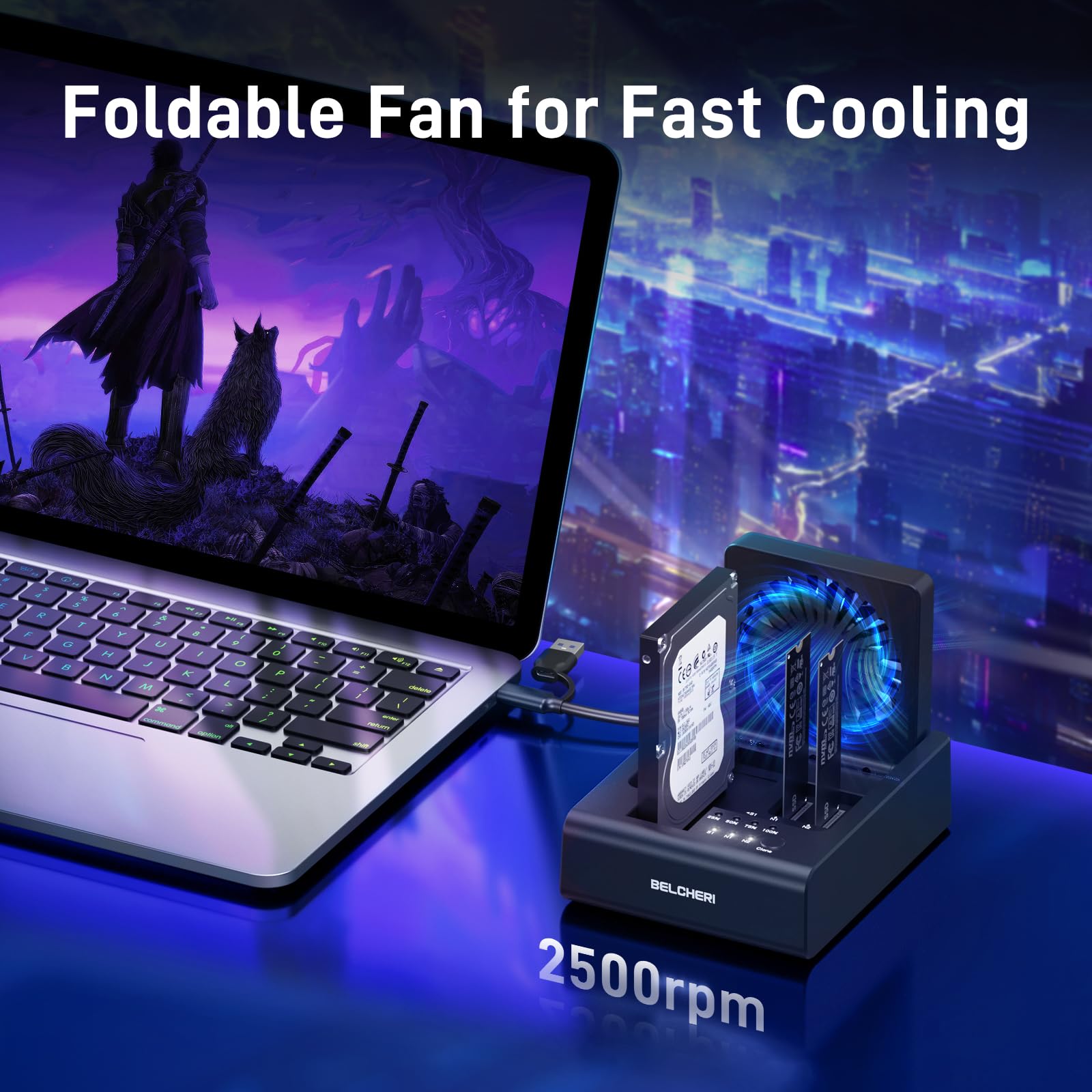 Base de 3 bahías para clonación de discos duros, USB 3.2 Gen 2, 10 Gbps, para M.2 NVMe SSD y SATA HDD de 2,5"/3,5", HDD/M.2 NVMe SSD Cloner Docking Station con ventilador plegable