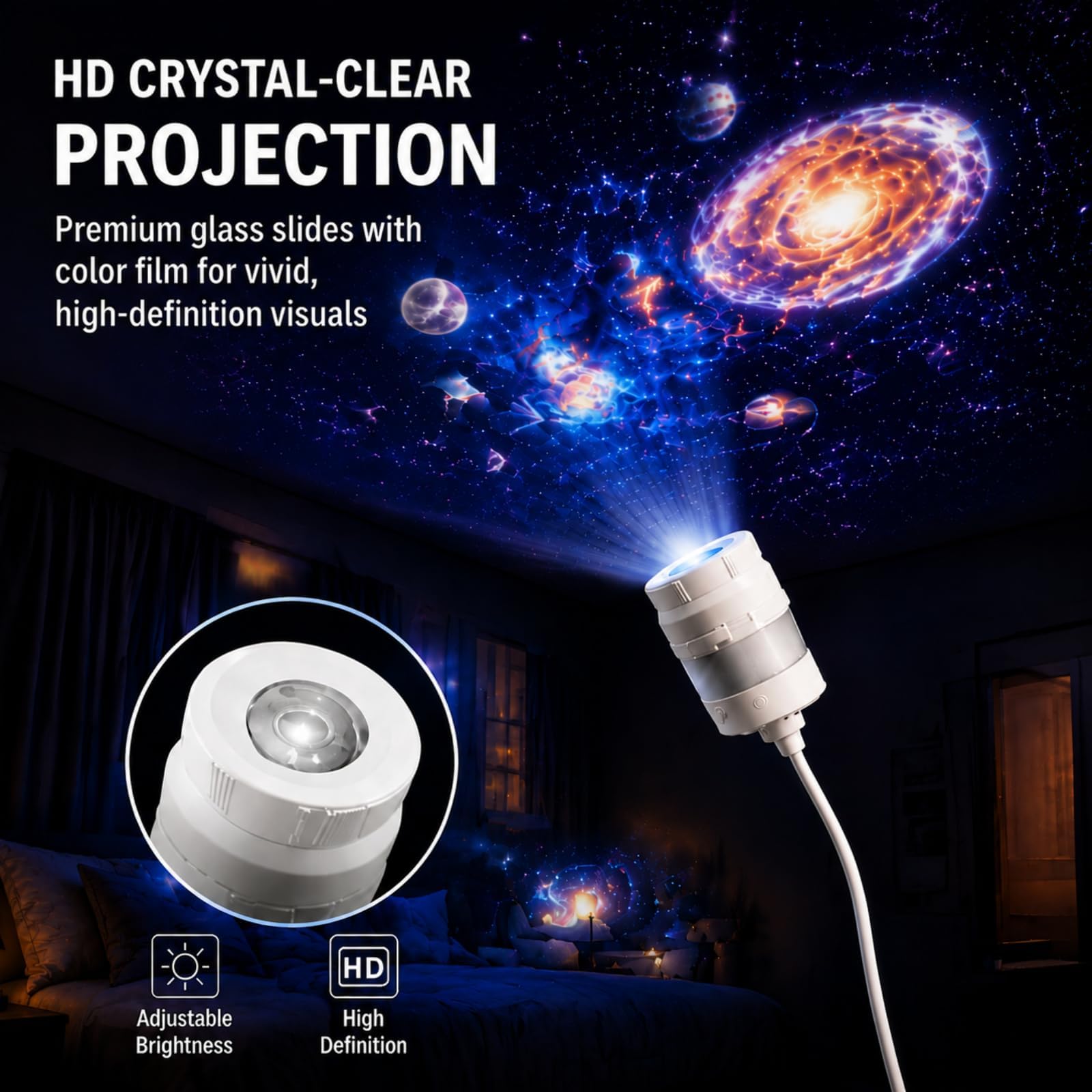 Galaxy Projector Night Light, Hd Smart Dynamic 5d Holographic Night Light Projector, USB Plug Star Projector 360° Adjustable Mini Ocean Projector for Bedroom Ceiling Wall (13 Projection Films)