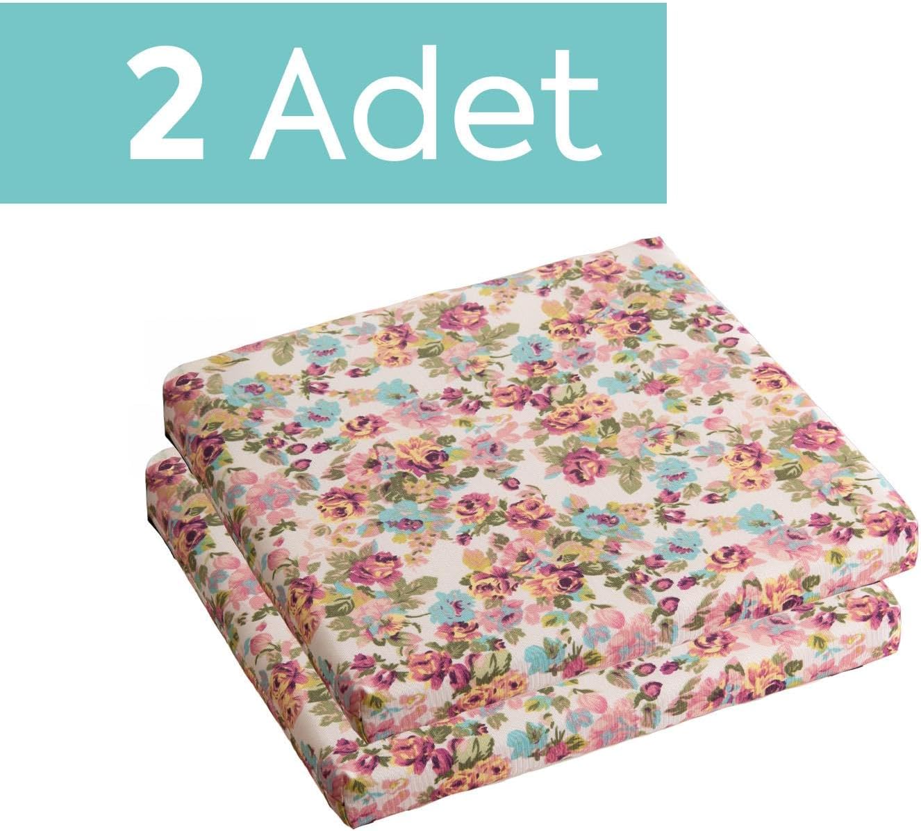 Homedius Sandalye Oturum Minderi Çiçekli 40x40x4 Bağcıklı Çıkarılabilir Kılıflı Çökme Yapmaz Pembe 2'li