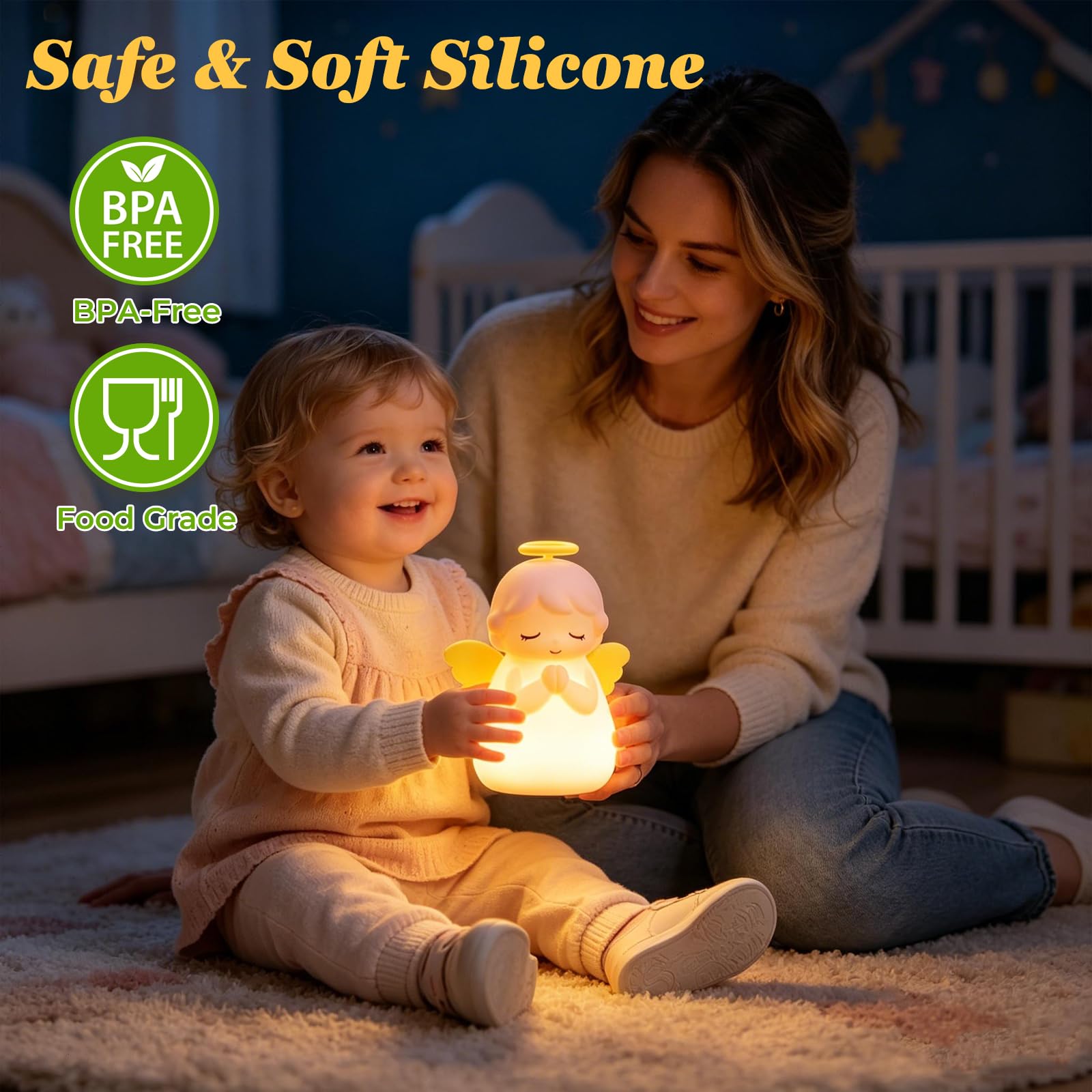 Luce notturna a forma di angelo per bambini, ricaricabile, 7 colori