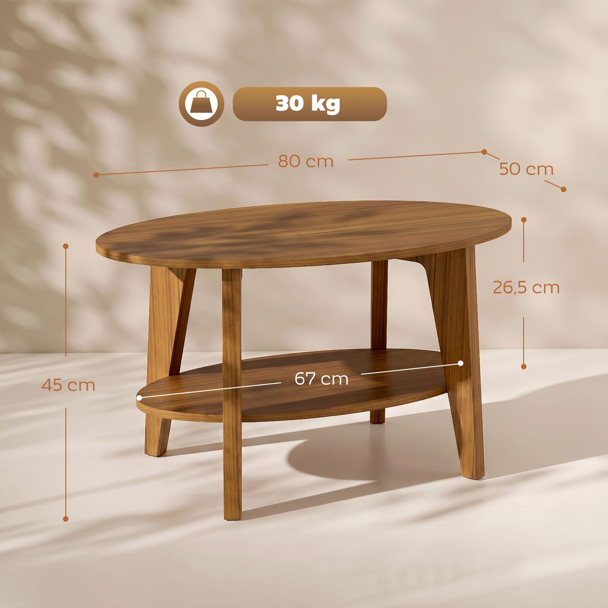 HOMCOM Table Basse Ovale à 2 Niveaux Étagère Ouverte 80x50x45 cm Chêne
