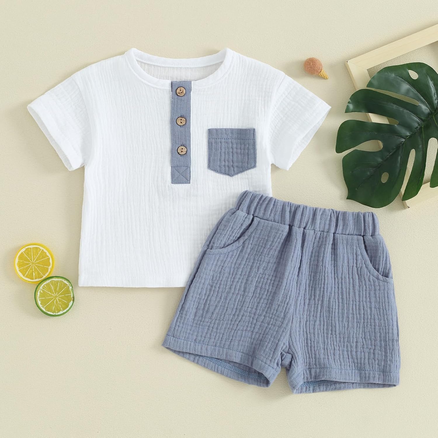 fhutpw Baby Boy Summer Outfits Henley Shirt Soft Pocket Short Sleeve Tops & Shorts Sets Infant 3 6 12 18 Months 2T Clothes - Image 2