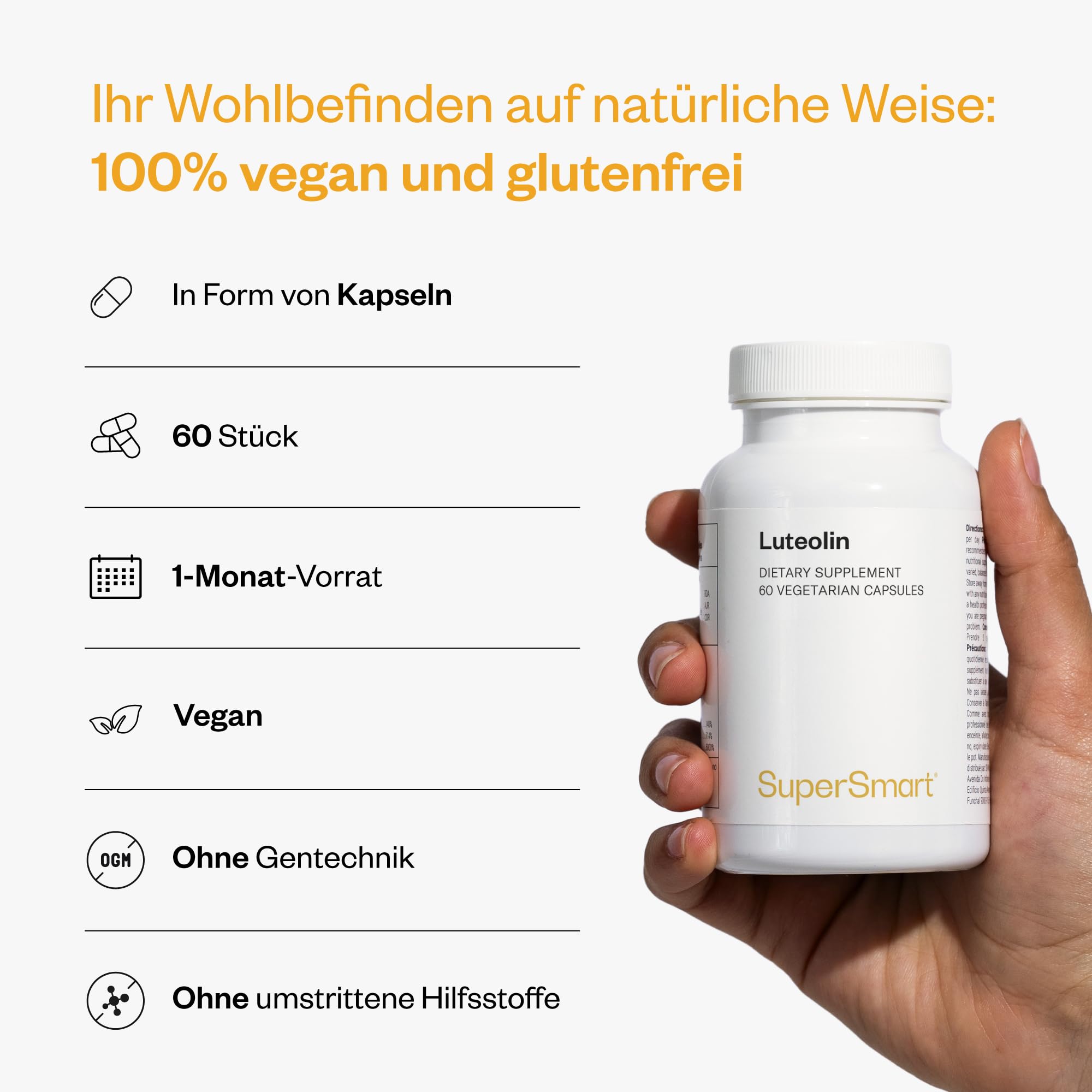 Luteolin – Reines Luteolin‑Flavon aus Erdnussschalen – Pflanzliches, glutenfreies, veganes Nahrungsergänzungsmittel – 60 vegane Kapseln – SuperSmart