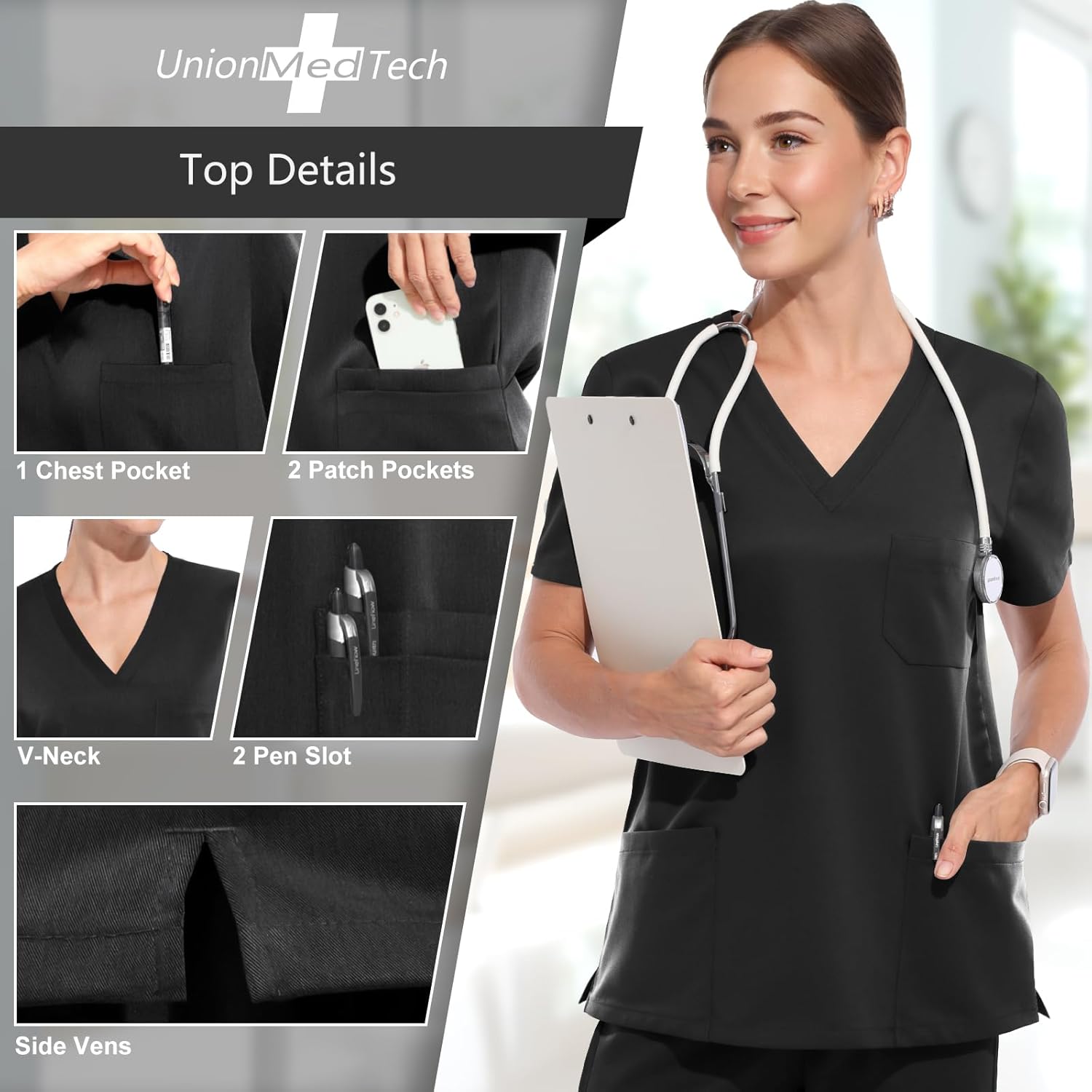 Scrubs for Women Set Medical Uniform - Stretch Slim Fit V-Neck Scrub Top & Jogger Pant with 9 Pockets - Image 2
