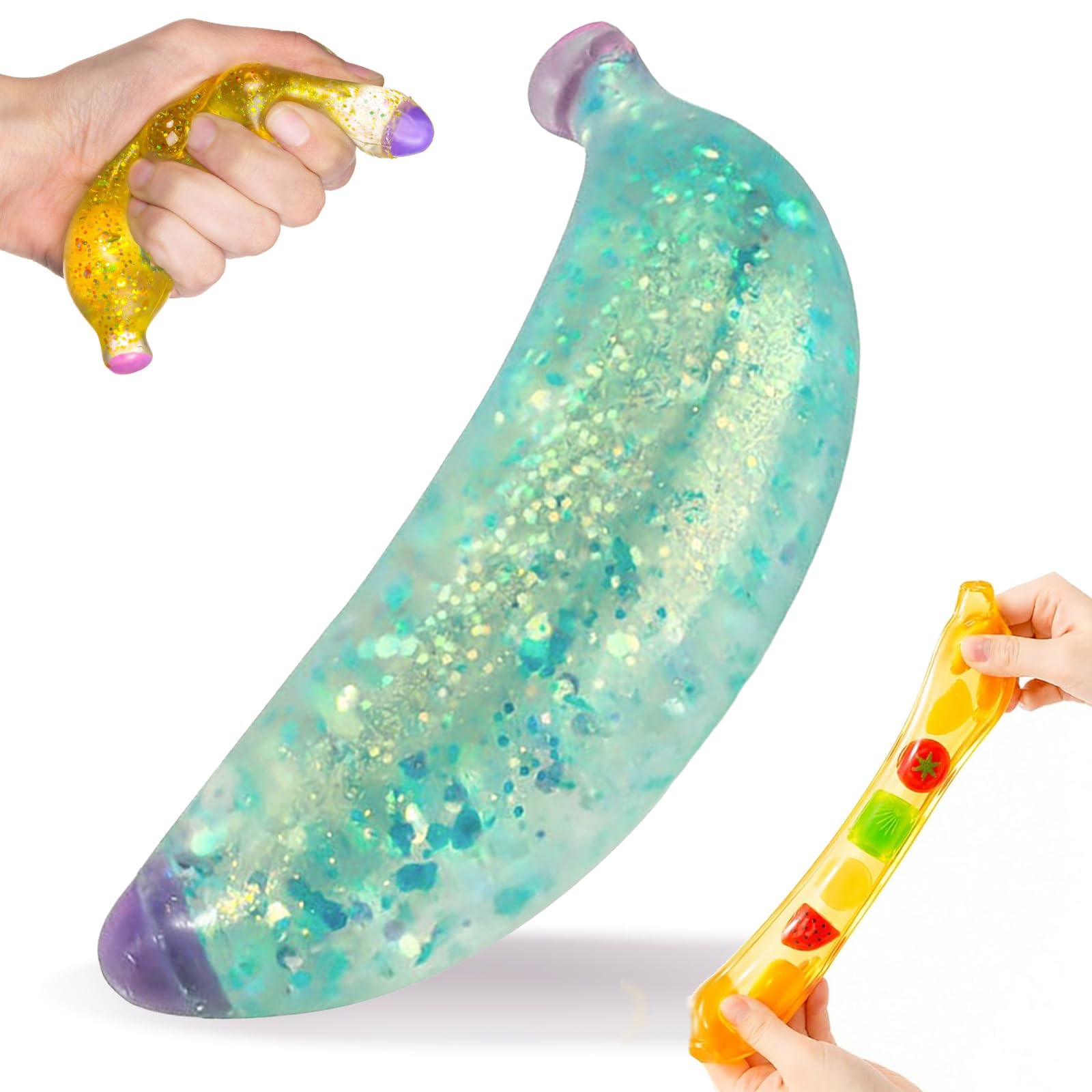 Banana Squishy, Transparent Squeeze Fidget Toy with Mixed Fruit Inclusion