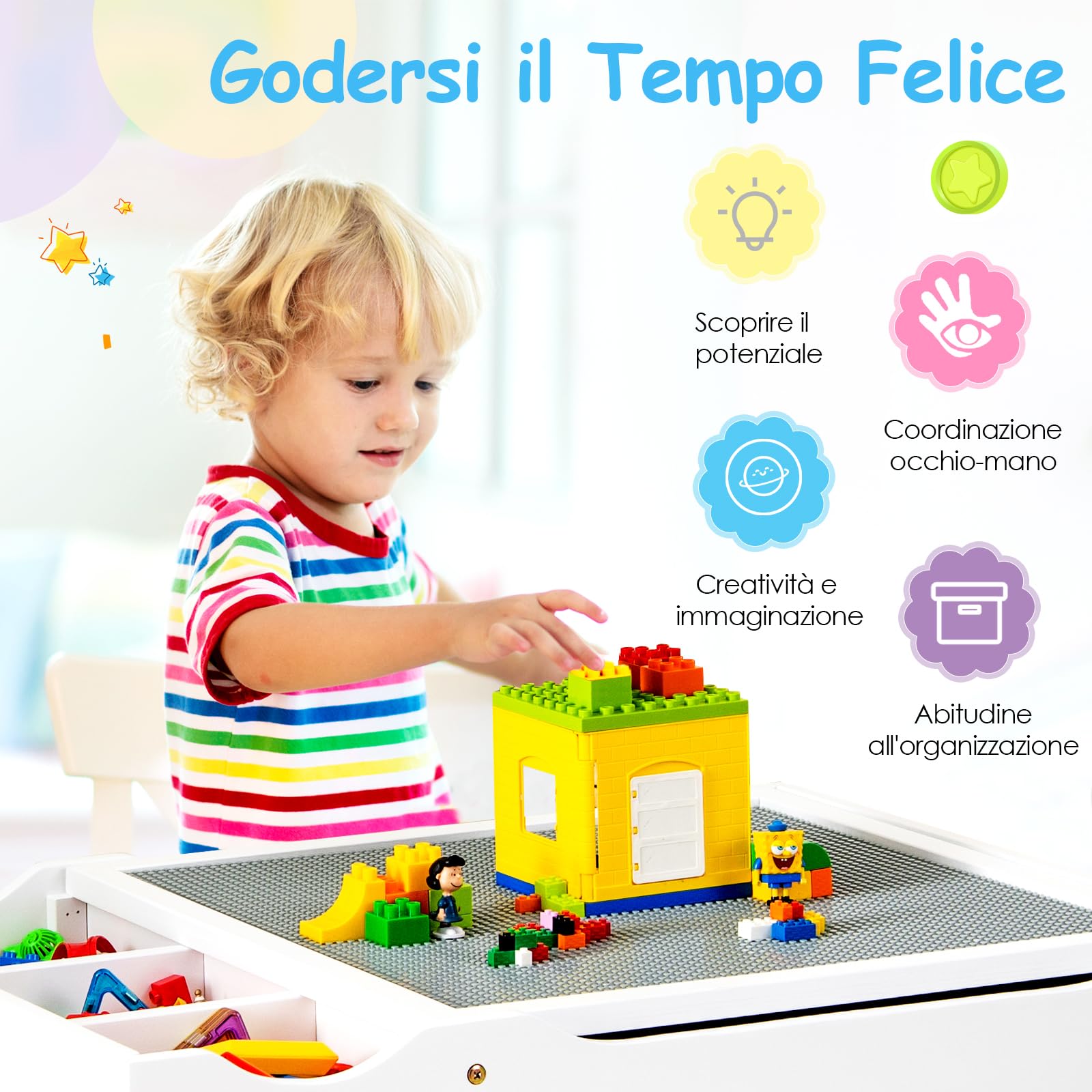 RELAX4LIFE Tavolo da Gioco per Bambini in Legno 80x60x57CM, Tavolo da Costruzione Reversibile con Vassoio a Doppia Faccia, Rotolo di Carta e Carta, 3 Cubi (BIANCO)