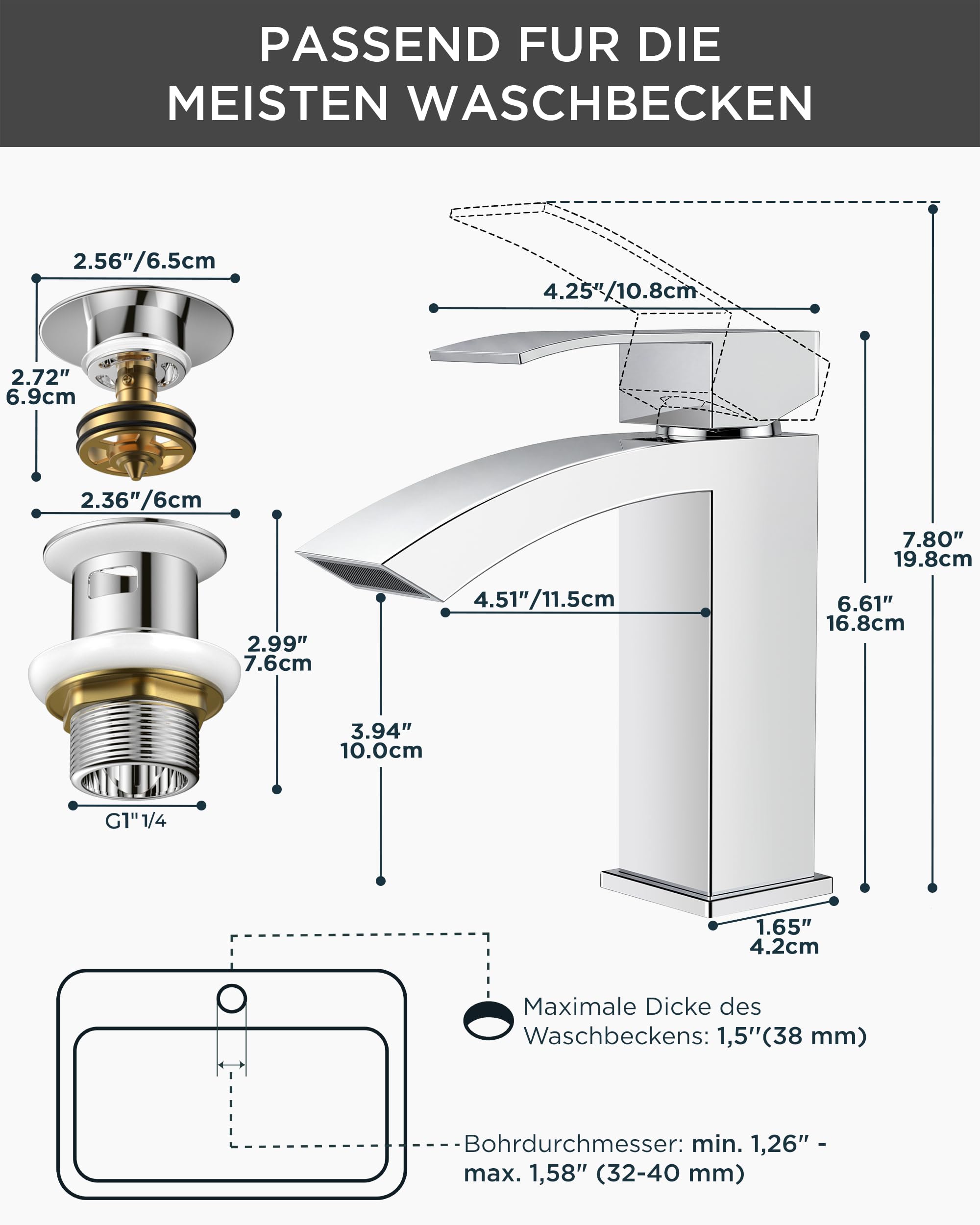 FORIOUS Wasserhahn Bad mit Ablaufgarnitur, Wasserfall Waschtischarmatur mit Auslauf Höhe 100 mm, Mischbatterie Armatur Badezimmer, Gitterauslauf, Energiesparend & Wassersparend, Chrom