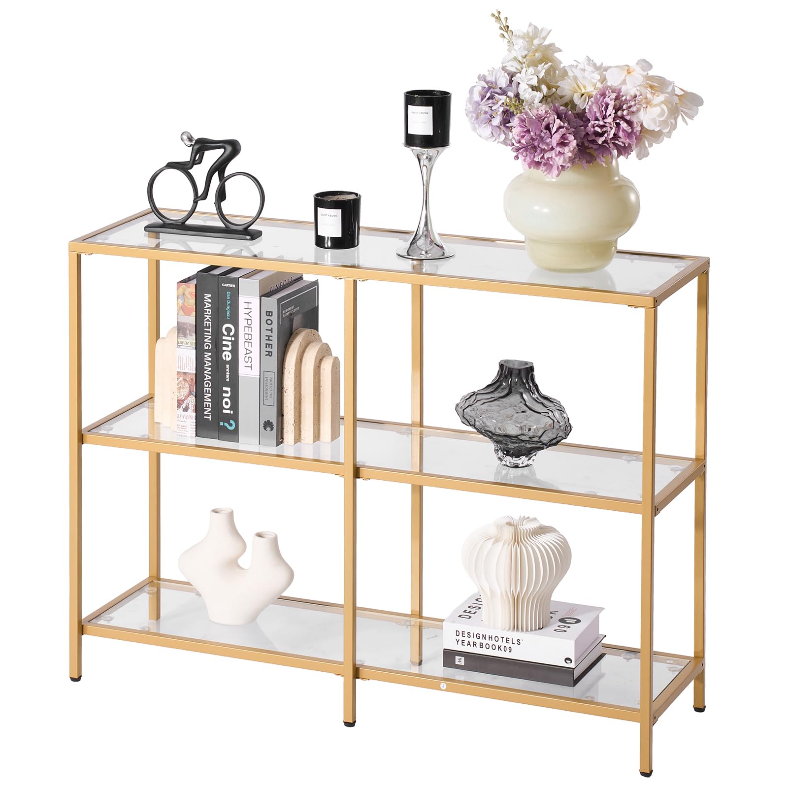 VEVOR Tavolo Consolle in Vetro a 3 Livelli 100 x 30 x 72,9 cm Moderno Tavolino Rettangolare con Piano in Vetro Temperato e Gambe in Ferro, Dispositivo Antiribaltamento per Soggiorno, Ingresso, Dorato