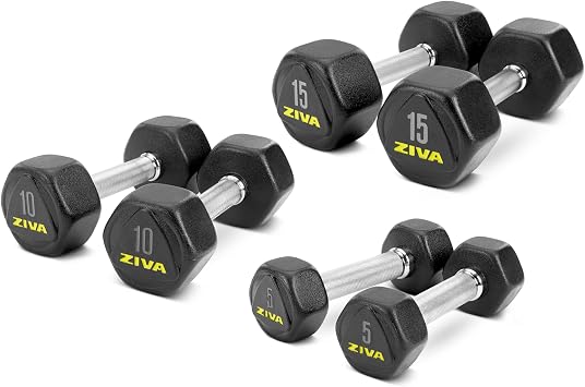 ZIVA Premium Hex Dumbbells Commercial Grade Rubber Urethane Coated Free Weights for Strength Training, Weightlifting, Home Gym Durable Steel Core Sold in Pairs and Sets
