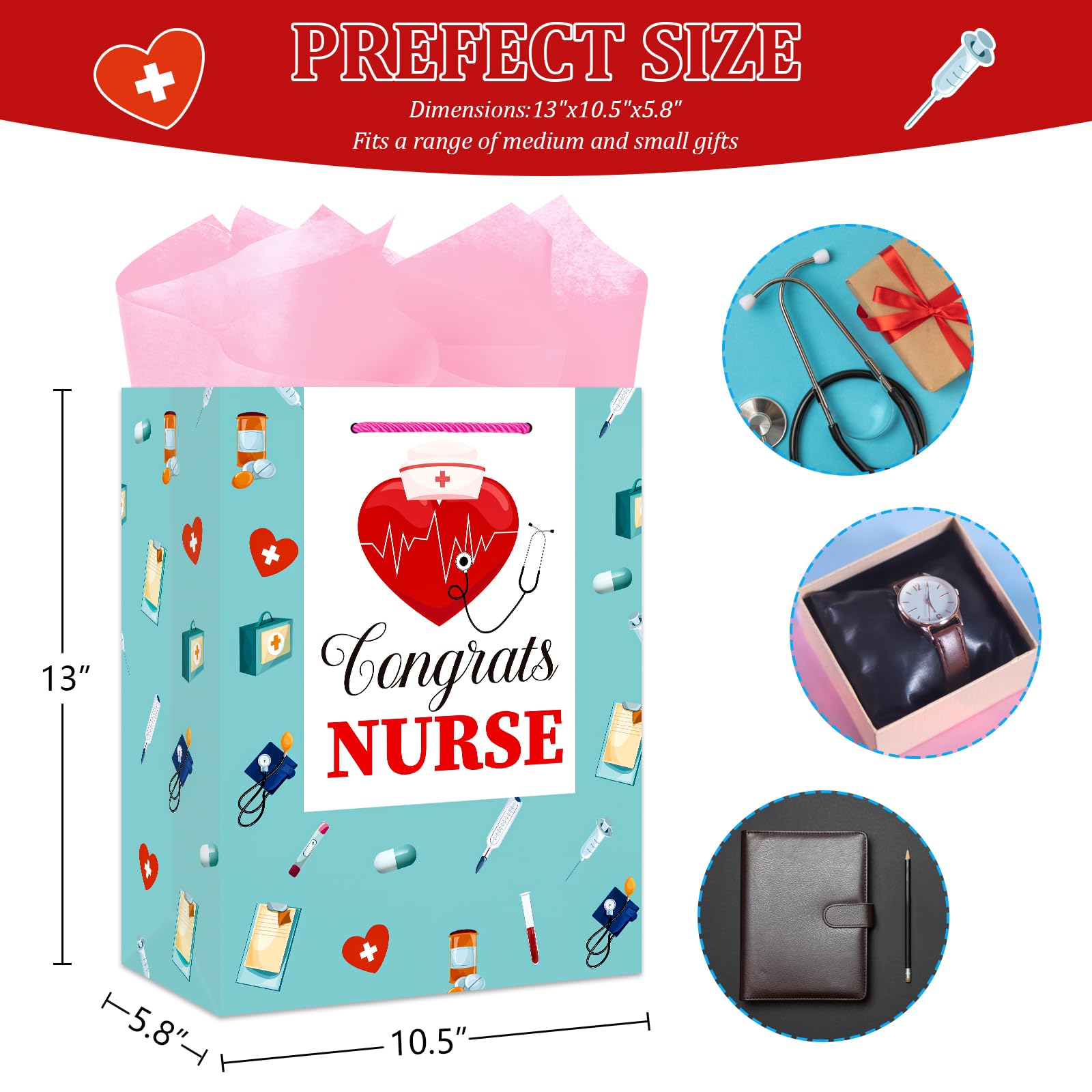 BIZIBAFF Nurse Graduation Gifts Bag - 13" Large Nursing School Gift Bag for Her Women Congrats Nurses Wrap Paper Bag for New Nurse Party Favor Bag with Tissue Paper