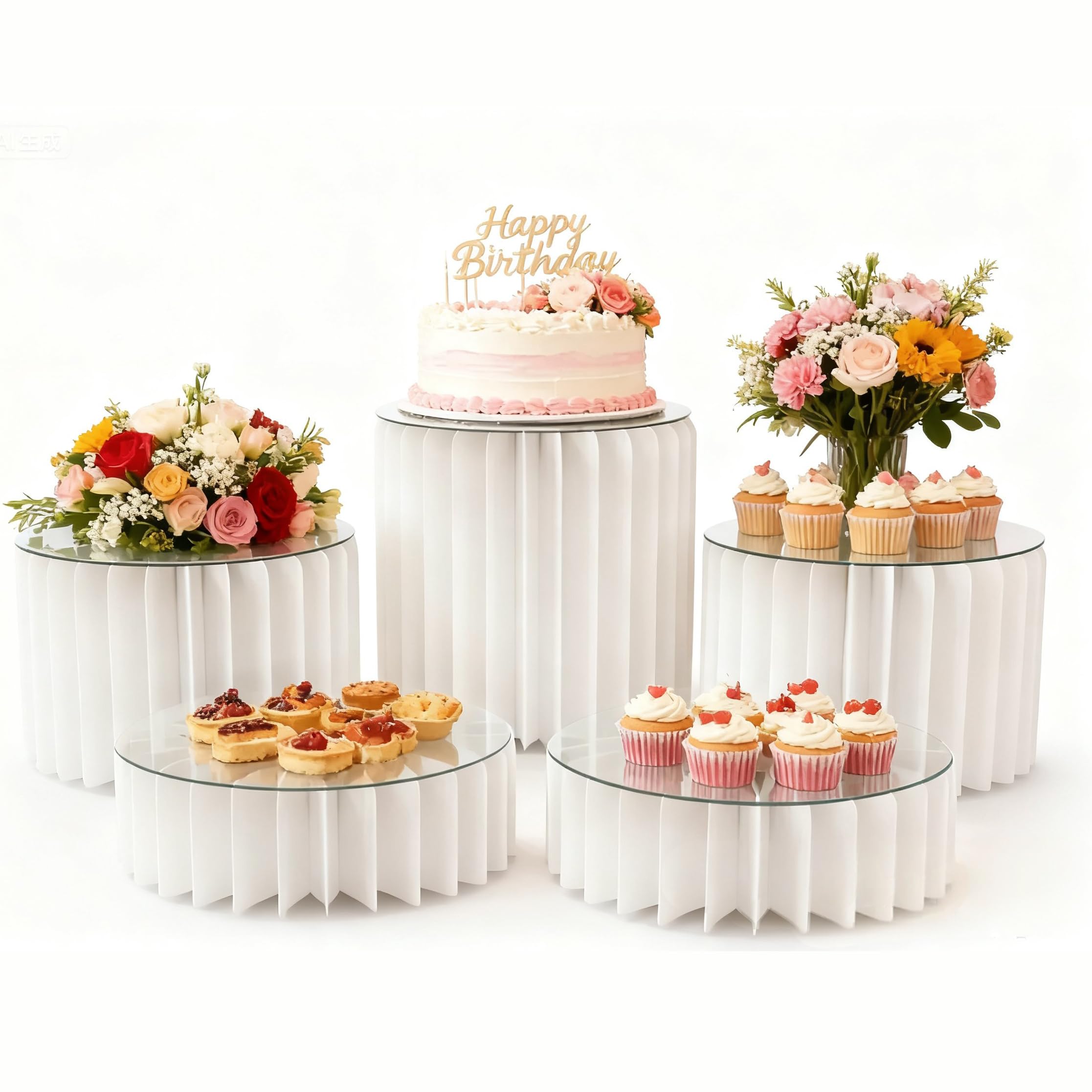 Photo 1 of DaJi-U 5 Pcs Buffet Risers Food Display Risers for Party Buffet Table, Dessert Table Display Set Cake and Cupcake Stand Combo, Riser Display Stand for Dessert Food Jewelry, White, 4"/8"/12" H