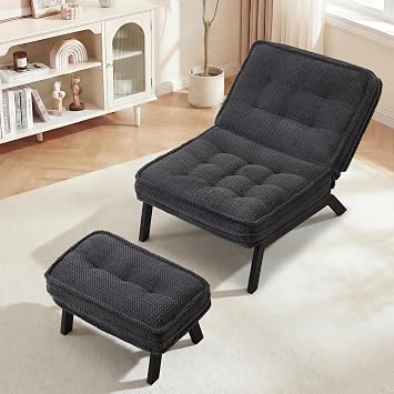ANJ 3-Position Adjustable Accent Floor Chair with Ottoman, Ergonomic Stable Lounge Chairs for Adults, Thick Cushioned Comfy Reading Chair with Footrest for Living Room Bedroom, Black