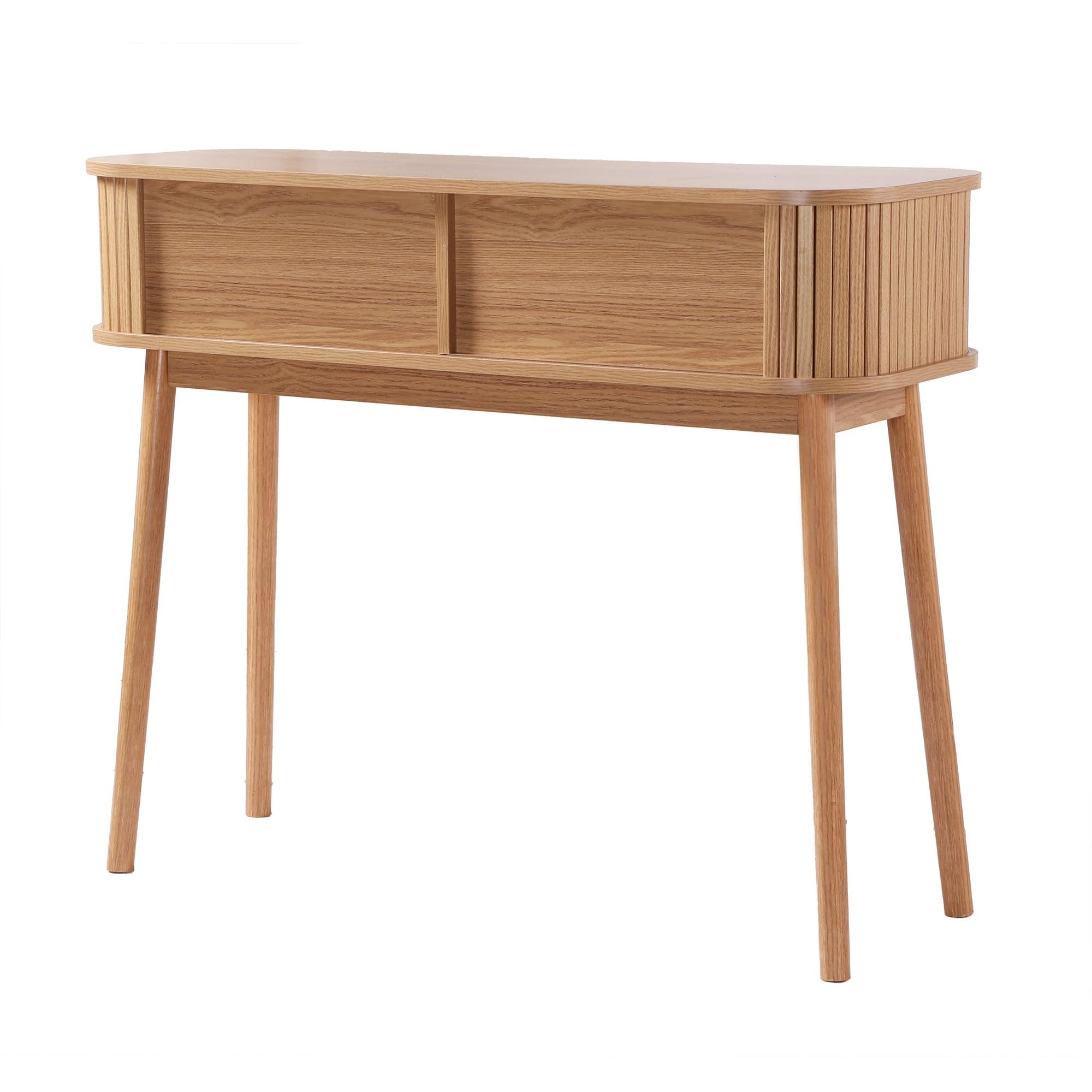 Calicosy – Consola de 2 puertas correderas – Fachada ranurada – Decoraciones de roble – Paneles de partículas – Patas de pino – Asas de madera – Entrada, Pasillo, Salón – Estilo natural – 100 x 35 x