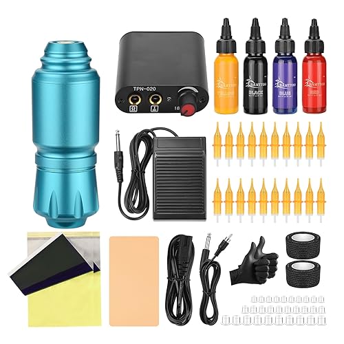 BAMTTOO Kit de máquina de tatuaje, agujas de cartucho, suministro de energía para principiantes, kit de bolígrafo de tatuaje rotativo, juego