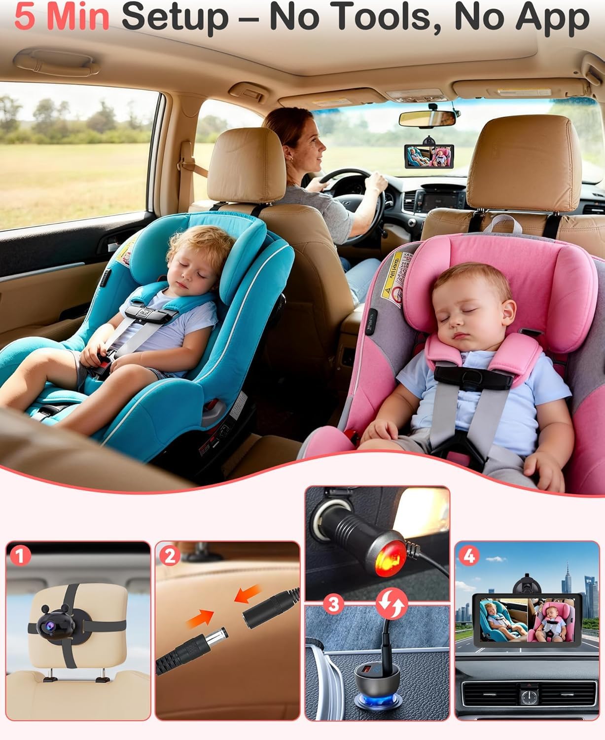 Wkzay Cámara dual HD 1080P para coche de bebé para 2 niños: pantalla dividida de 6.9 pulgadas con 2 cámaras de visión nocturna para asiento de coche - USB de 5 minutos fácil de instalar 360° ajustable