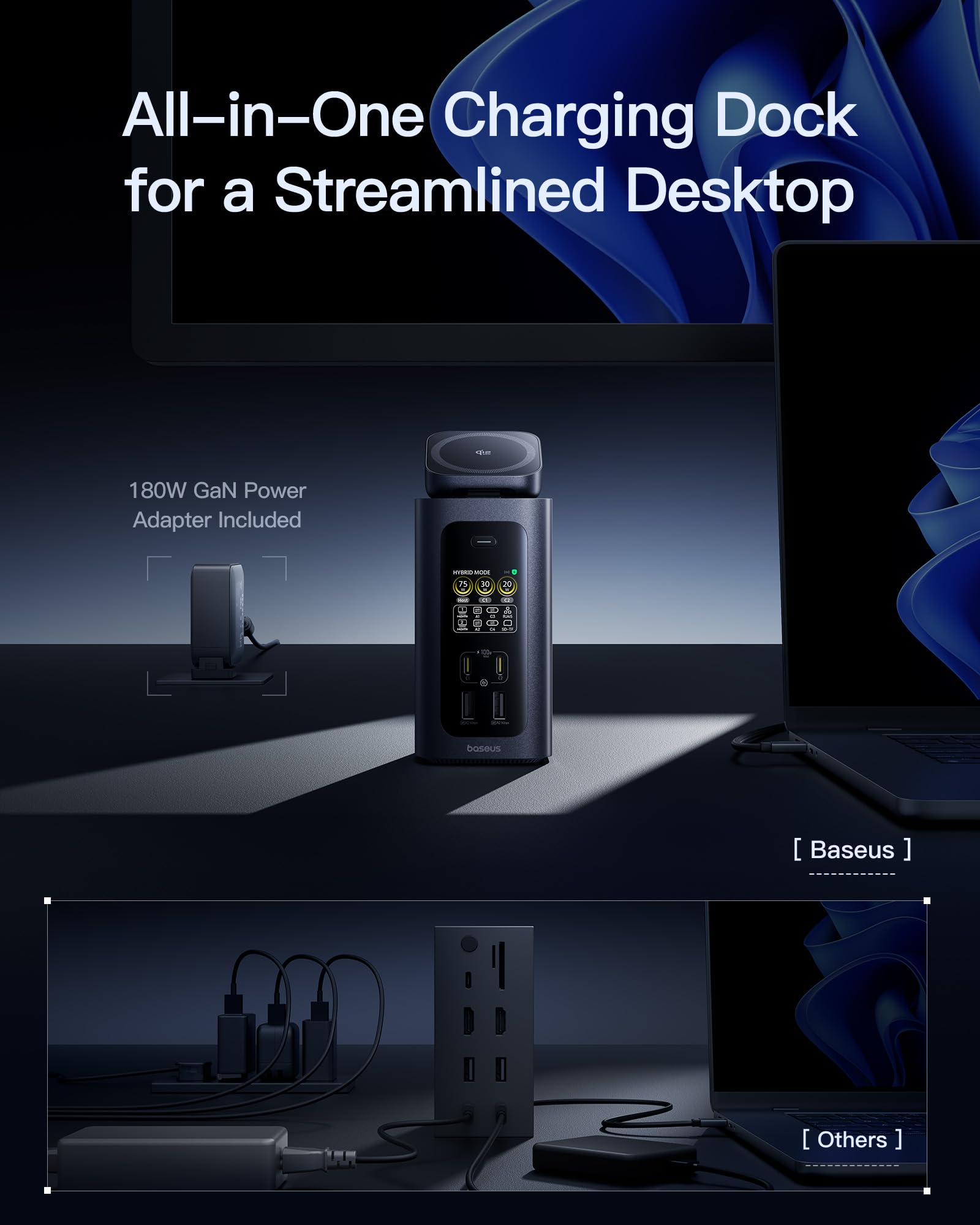Baseus Spacemate RD1 Pro Docking Station 15 in 1, doppio monitor, uscita massima 160 W per 4 dispositivi, HDMI 4K a 120 Hz, USB C 10 Gbps, ricarica wireless Qi2.2 da 25 W, alimentazione GaN per laptop