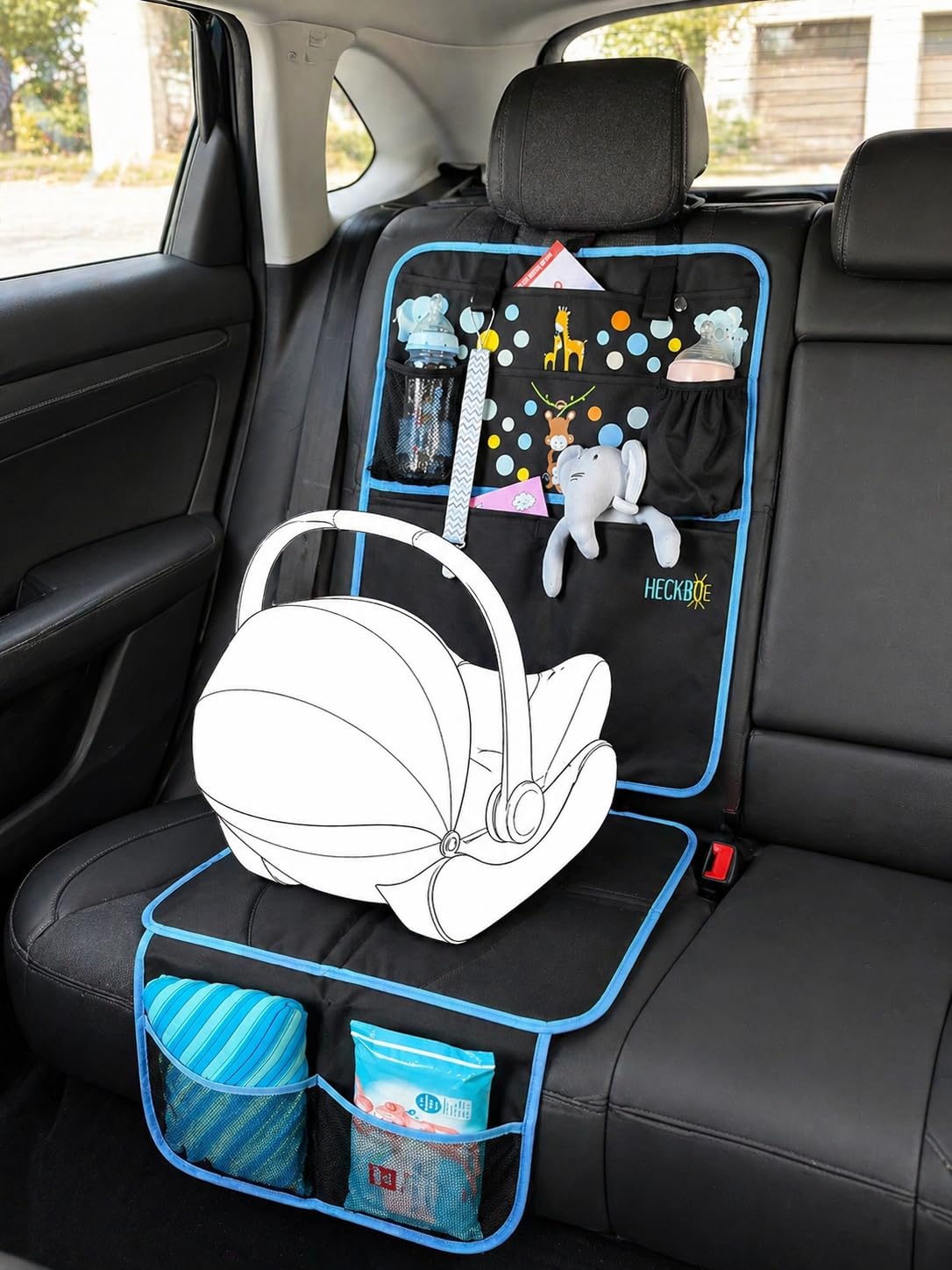 HECKBO Pokrowce na fotele samochodowe dla dzieci - Organizer samochodowy - Baby Tiere Mama - Podkładka z ISOFIX, ochraniacz na siedzenia do ochrony foteli samochodowych, odpowiednia dla wszystkich