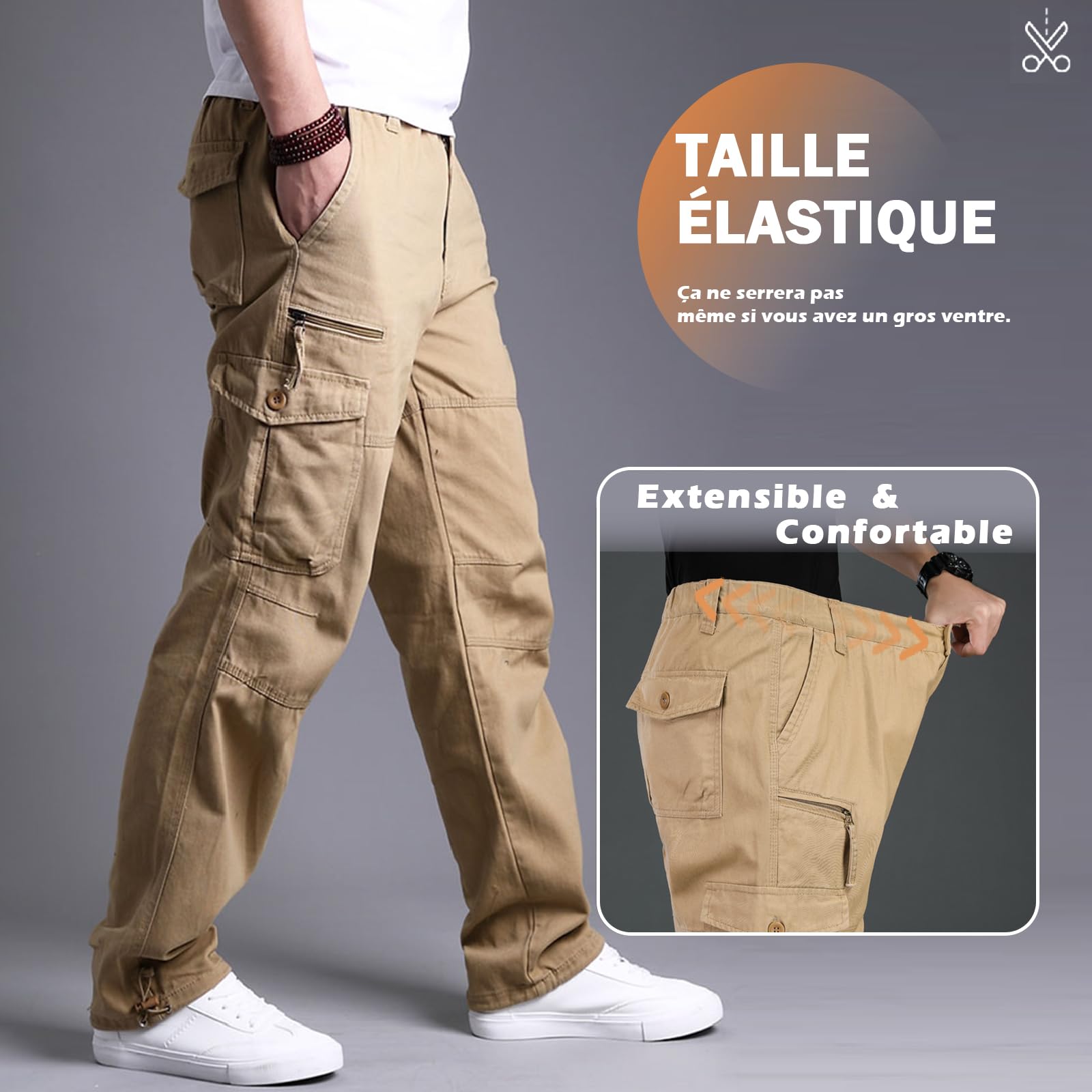 Pantalon Cargo Homme Coton avec 7 Poches Pantalon de Travail Grande Taille Elastique Tube Droit