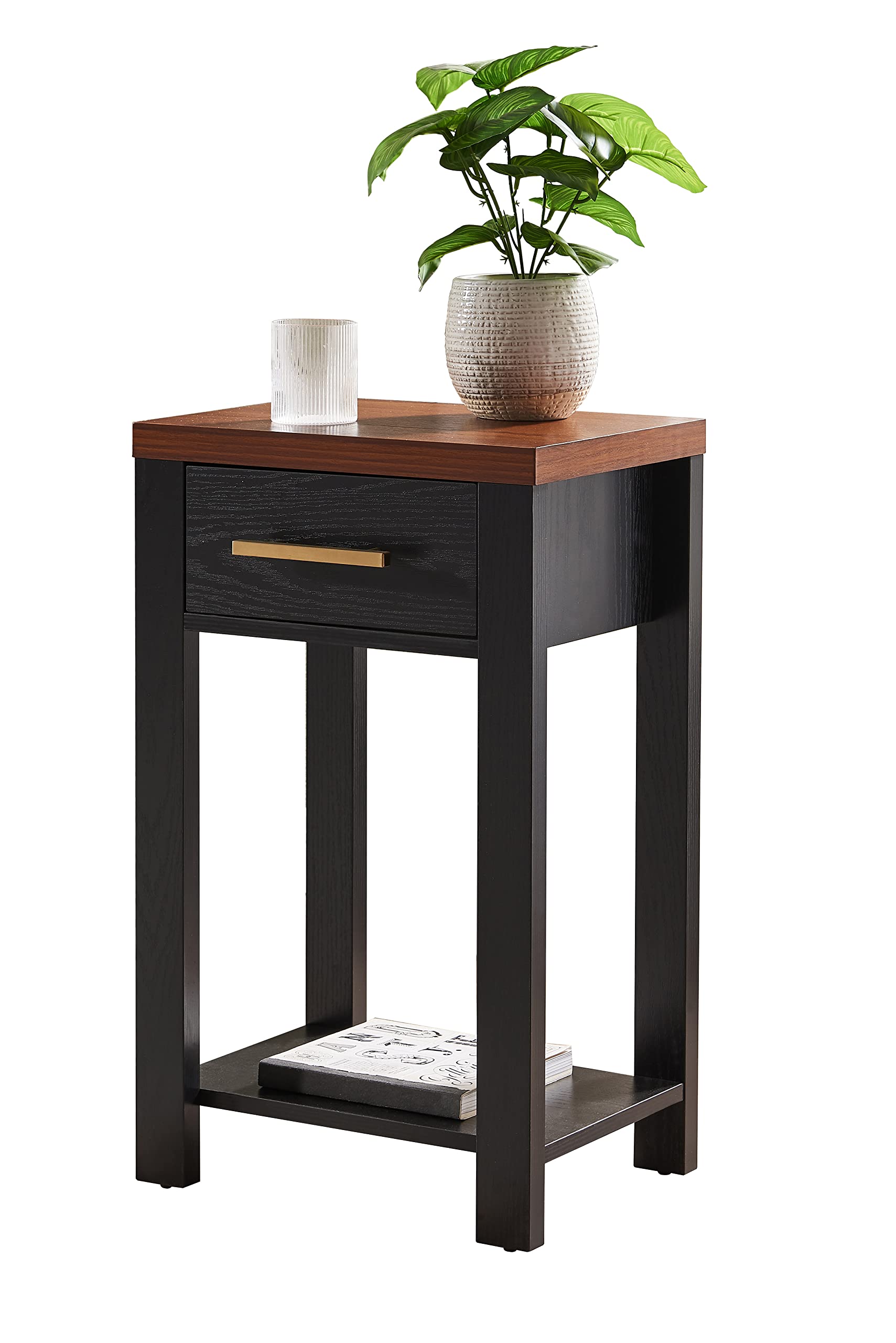 KB Designs – Black/Walnut Wood Chairside Side End Table with Drawer and Open Storage Shelf