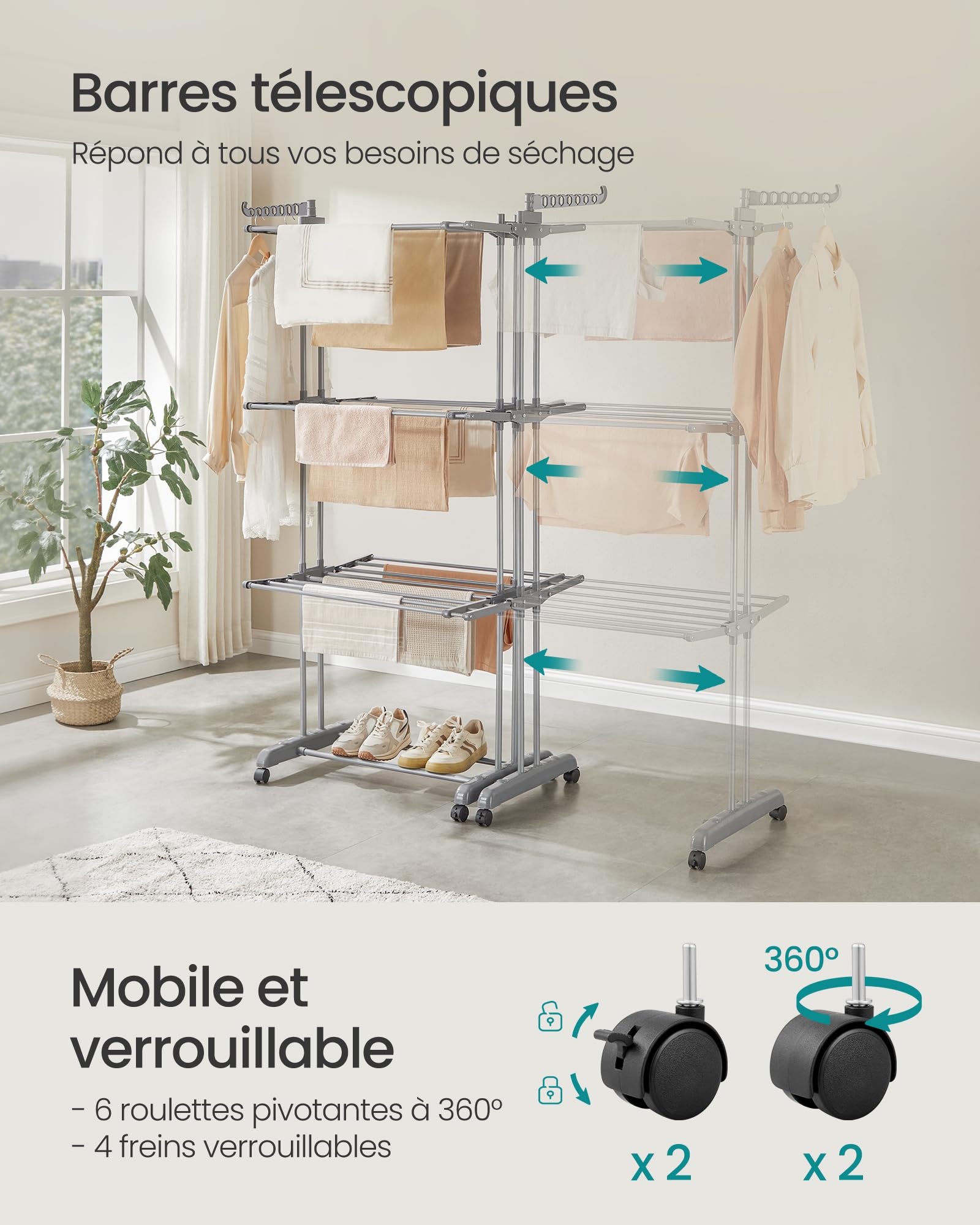 SONGMICS Étendoir à Linge, Séchoir Mobile à 4 Niveaux, avec roulettes, Pliable, 63,5 x (131-200) x 177,5 cm, Grande Capacité, Utilisation Intérieure et Extérieure, Gris Tourterelle LLR704G01
