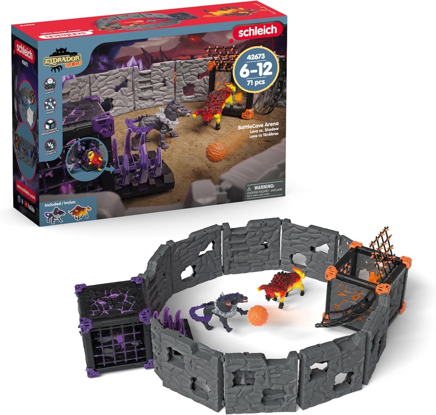 schleich eldrador creatures - 71 pc battlecave arena lava vs. shadow playset - lava bull and shadow hound set - animal monster figurines for boys and girls - fun beast toys for kids ages 7+ | 42673 lava bull vs. shadow hound