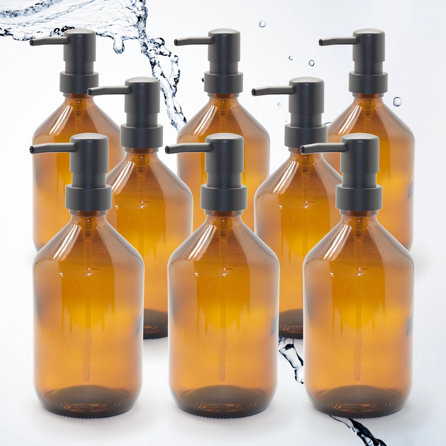 Pajoma 8X Seifenspender 500 ml aus Glas - Braunglasflasche | Ø 8.5 x 21 cm - mit schwarzem Pumpkopf | Stilvoller Spülmittelspender, Handseifenspender & Pumpspender - ideal für Küche, Bad und Dusche