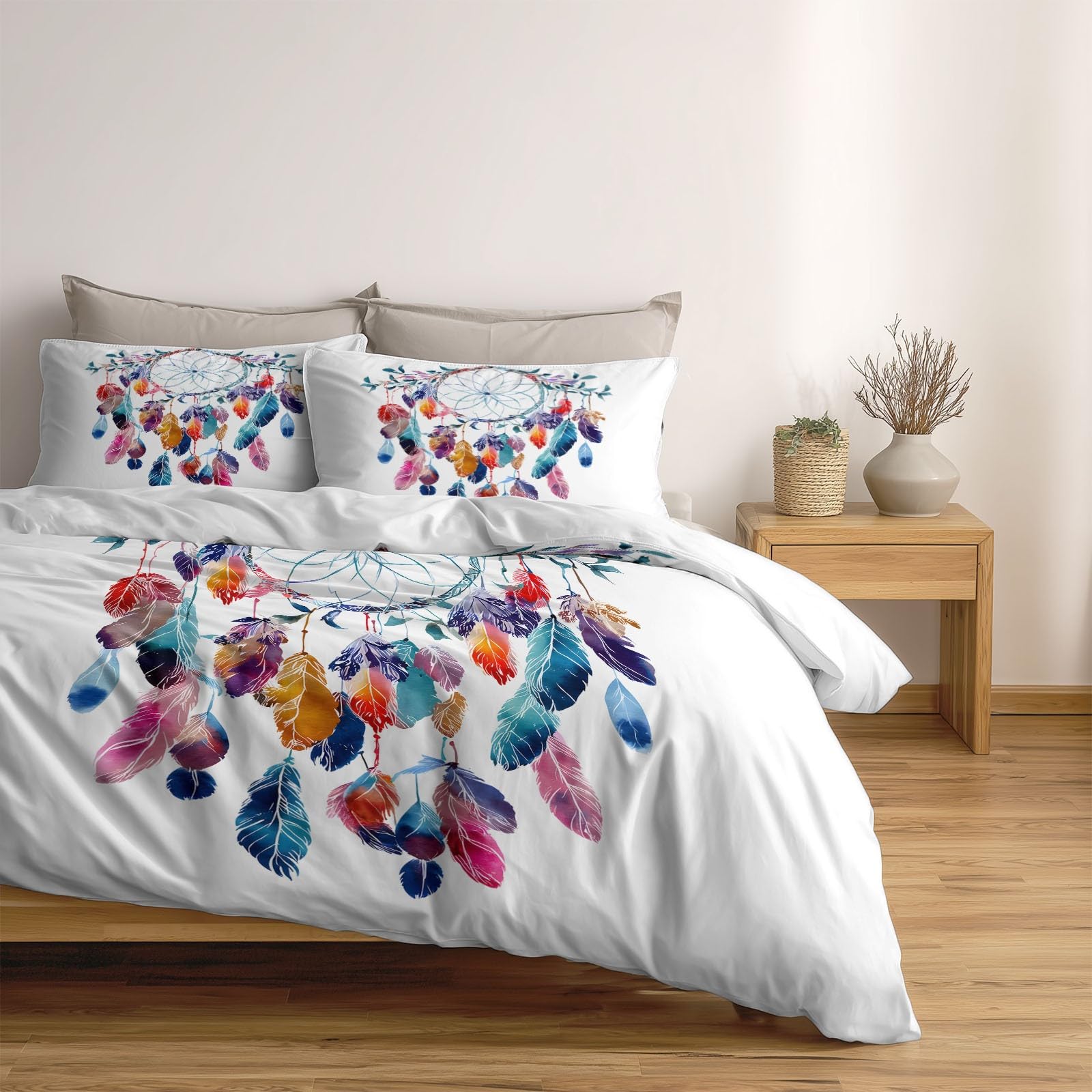 Generisch Boho Chic Stil 3-teiliges Bettwäsche-Set, 1 Bettbezug 240 x 220 cm und 2 Kissenbezüge 80 x 80 cm, Weiß, Traumhafter Wald Traumfänger, Pflegeleicht, Erwachsene, Schlafzimmer