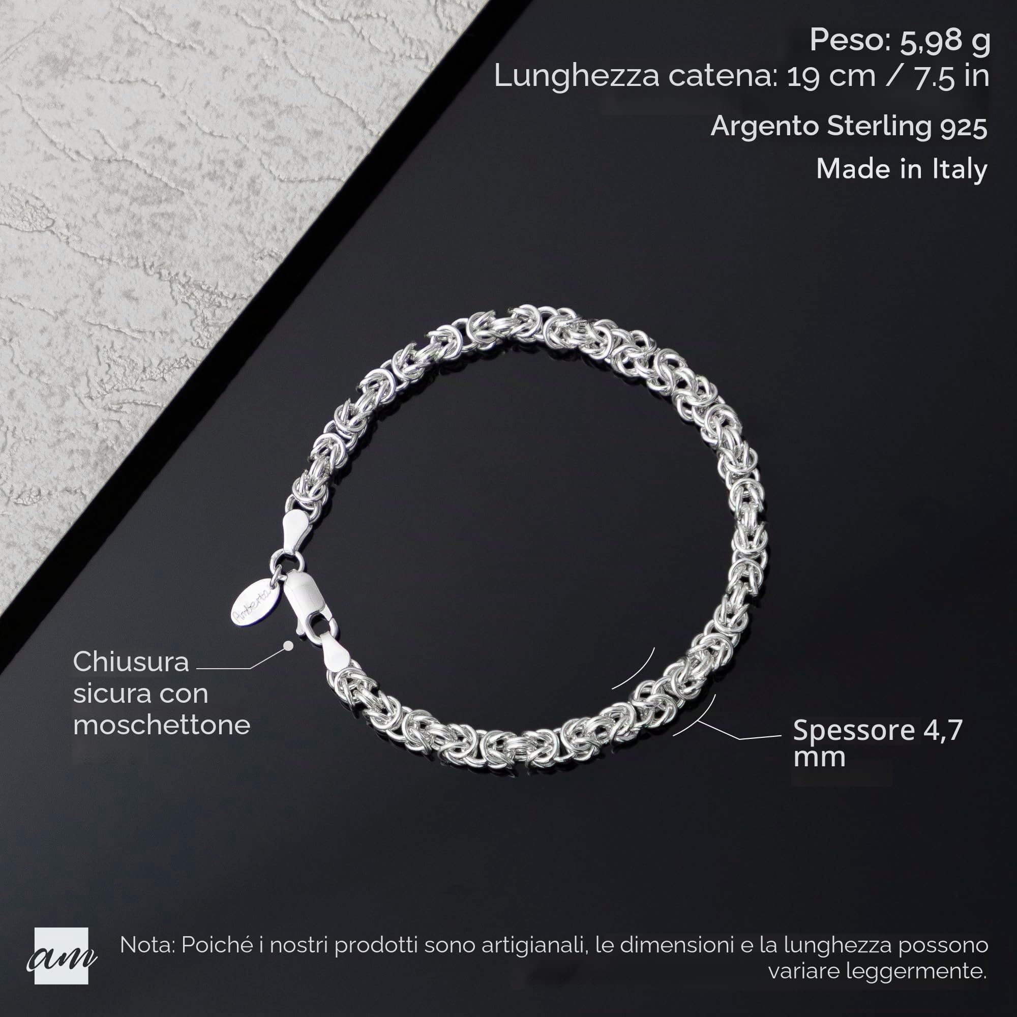 Amberta Bracciale Bizantino Unisex in Argento Sterling 925