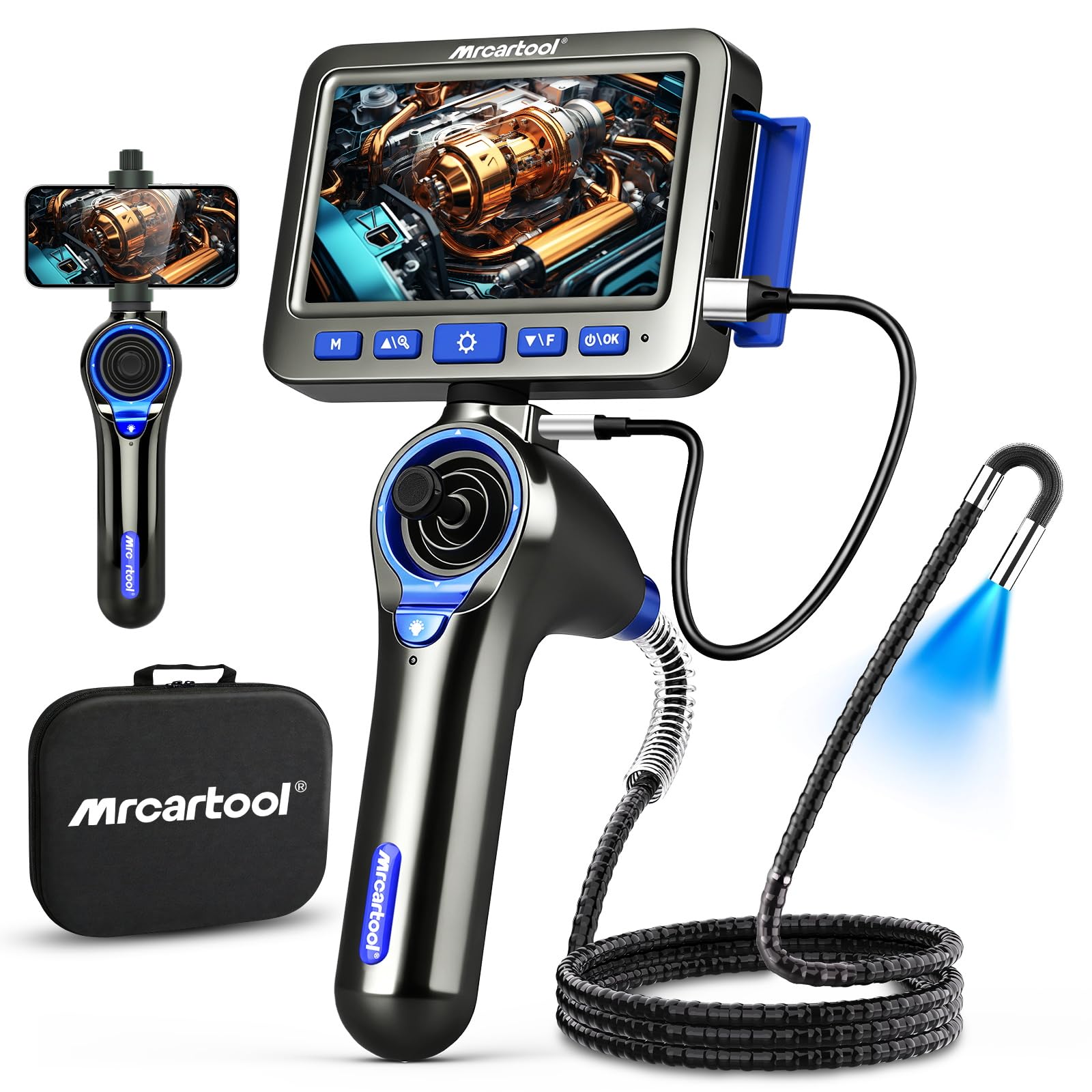 4-Way-360° caméra endoscopique avec lumière, Tube Mince de 6,2 mm & écran de 5,0 Pouces, tête Mobile, 1080P & IP67 caméra d'inspection pour Moteurs Automobiles, tuyaux et Machines (1 m)