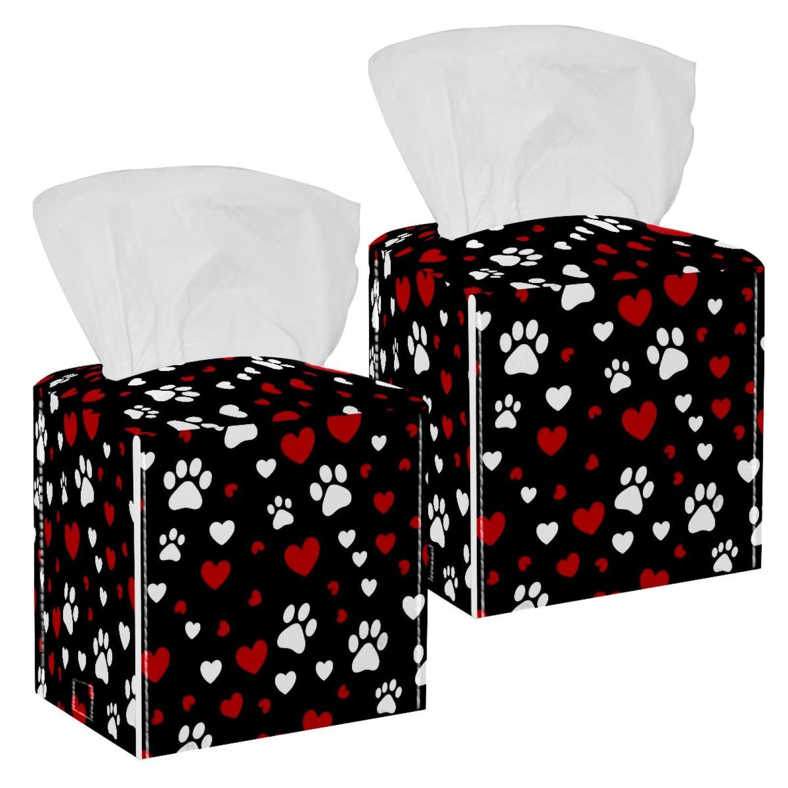 Dog Paws Tissue Box Cover, 2 Pack PU Leather Square Facial Tissue Dispenser Box holder for Home Office Car