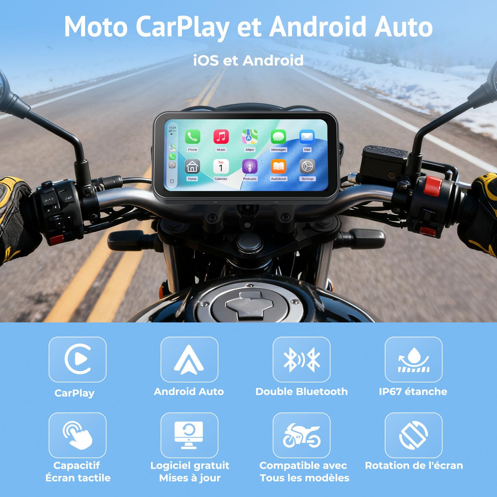 Écran Moto CarPlay sans Fil 6,25" Touchscreen, IP67 étanche,TPMS | Compatible avec Apple CarPlay & Android Auto,Navigation,Commande vocale,Dual Bluetooth,Alimentation USB/ACC
