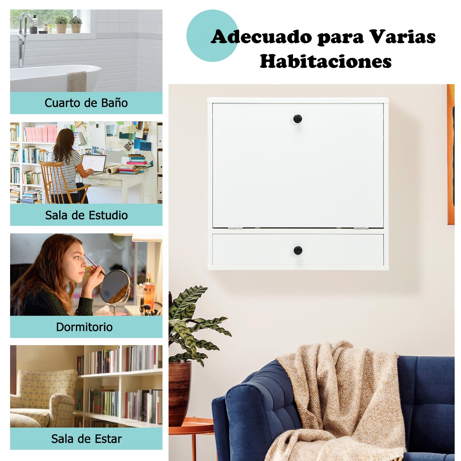 COSTWAY Mesa Plegable Pared, Estantes y Cajón, Escritorio Plegable Pared Oficina Cocina Espacios Pequeños, 60 x 15 x 57 cm, Mesa Abatible de Pared (Blanco)