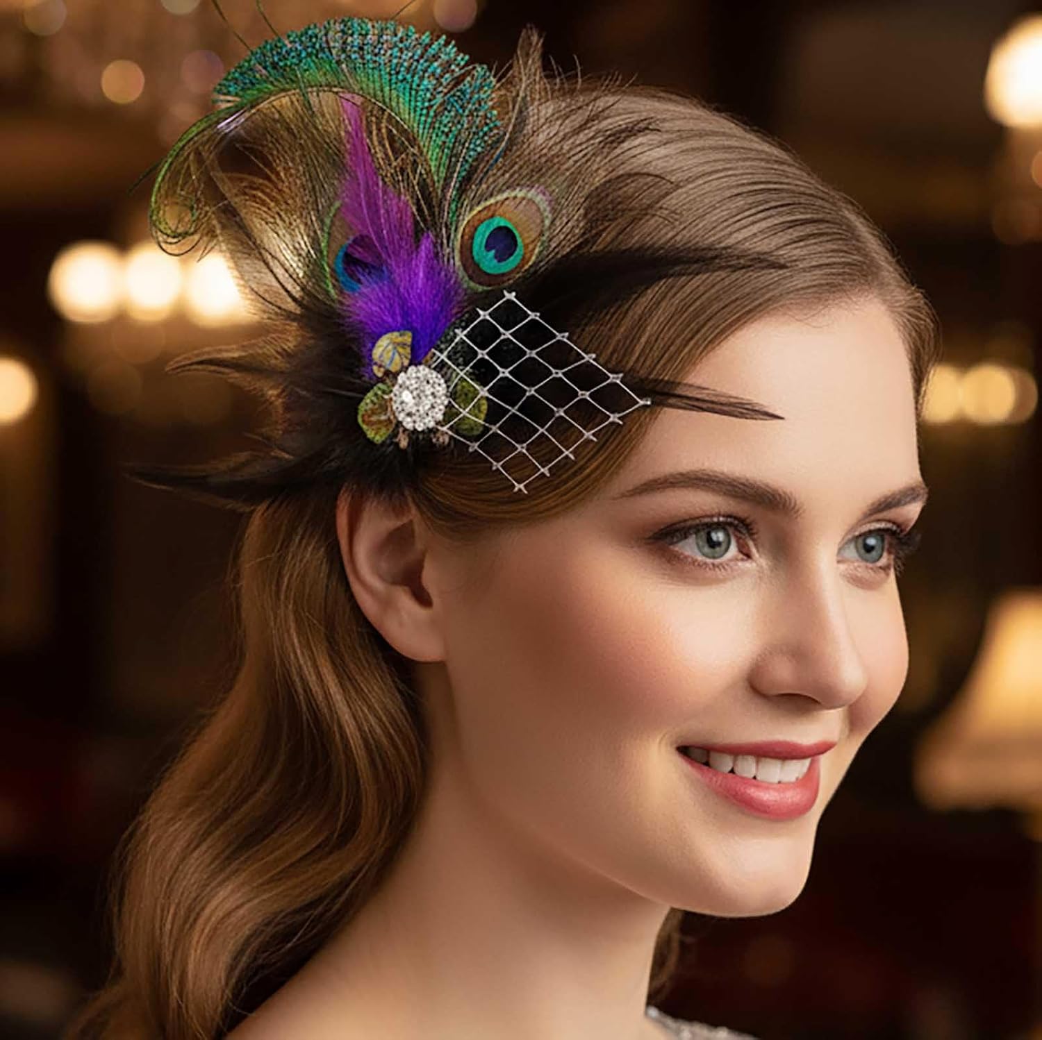 Yokawe Peacock Feather Hair Clip 1920s Fascinator with Rhinestone Flapper Prom Hair Accessories for Women - Image 7