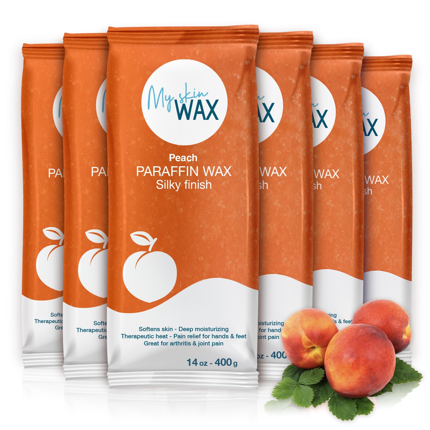 Cire de paraffine Maxi Pack, 6 blocs de 400 g (2,4 kg), parfum pèche, hydratante sans effet gras, idéale pour bains mains et pieds, soulagement arthrite, pédicure
