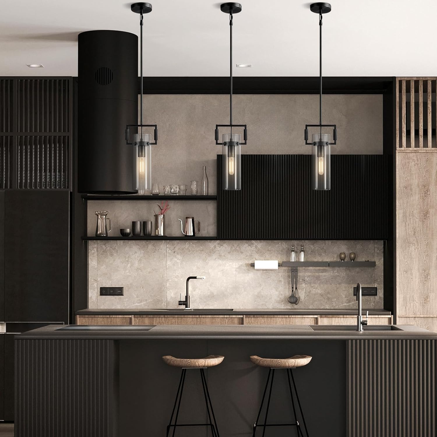 Modern Kitchen Island Pendant Lights 2 Pack,12 Inch Black Farmhouse Pendant with Copper Glass Shade | Hanging Lights for, Bathroom Vanity, Bedroom