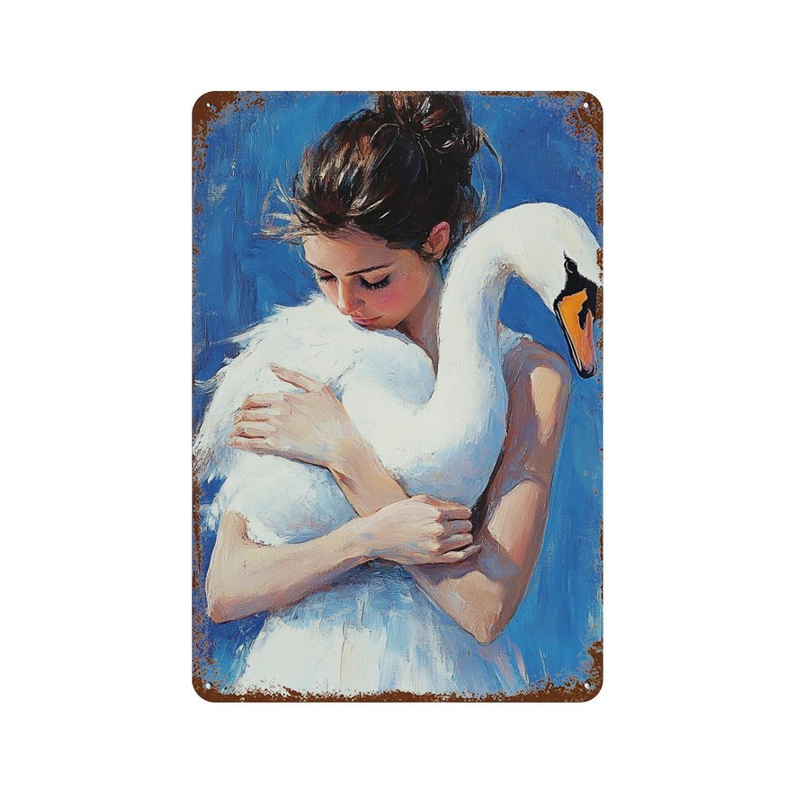 Swan Girl Art Print 11.8"x7.9" Weathered Tin Sign, Shabby Chic Decor for Cafe, Home Bar And Lounge Decor